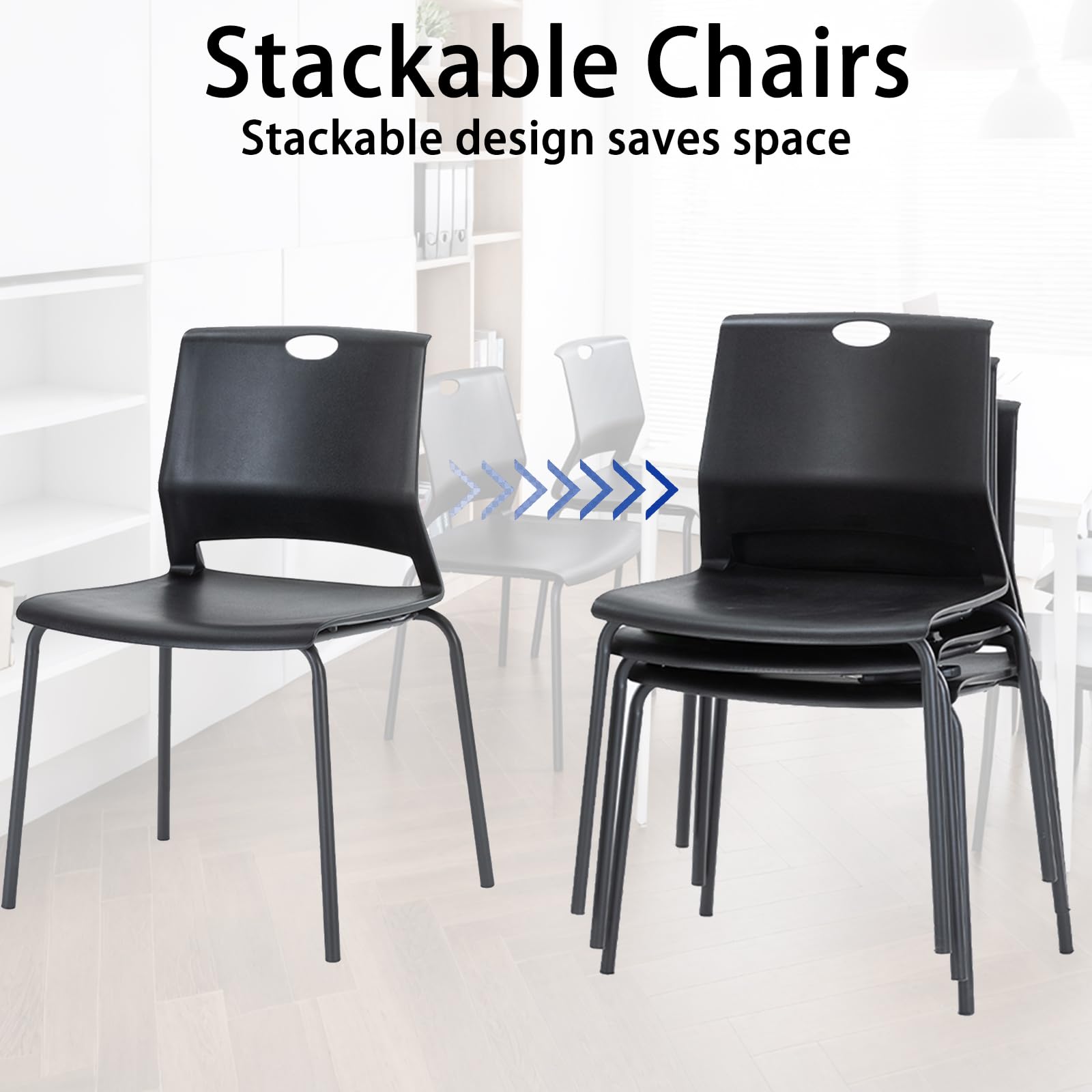4-Pack Black Stackable Plastic Chairs - Modern Wide Seat Dining & Office Chairs for Conference Room, Church, Living Room, Waiting Area, Classroom | Perfect for Home, Office & Commercial Spaces