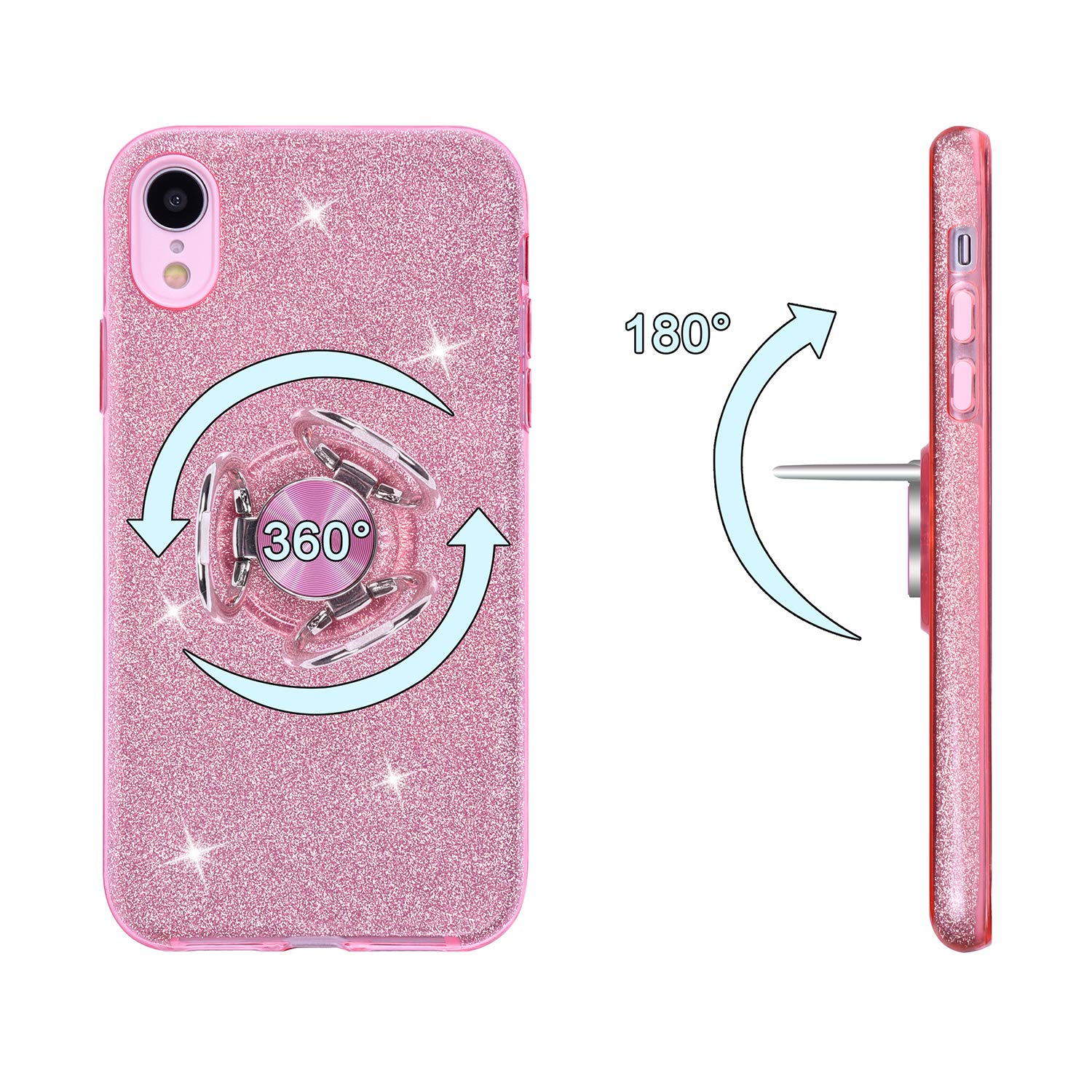 Wisdompro Cute Glitter Bling Sparkle Protective Case with Ring Kickstand for iPhone XR (6.1 Inch) - Pink | Durable Shockproof Cover for Women & Girls | Perfect for Daily Use, Work & Travel