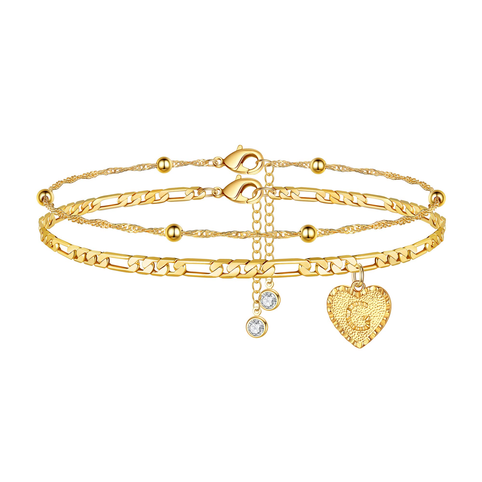14K Gold Filled Heart Ankle Bracelet for Women - Adjustable Figaro Chain Anklet with Initial Heart Pendant | Perfect for Beach, Summer & Everyday Wear | Elegant Foot Jewelry with Extension Chain