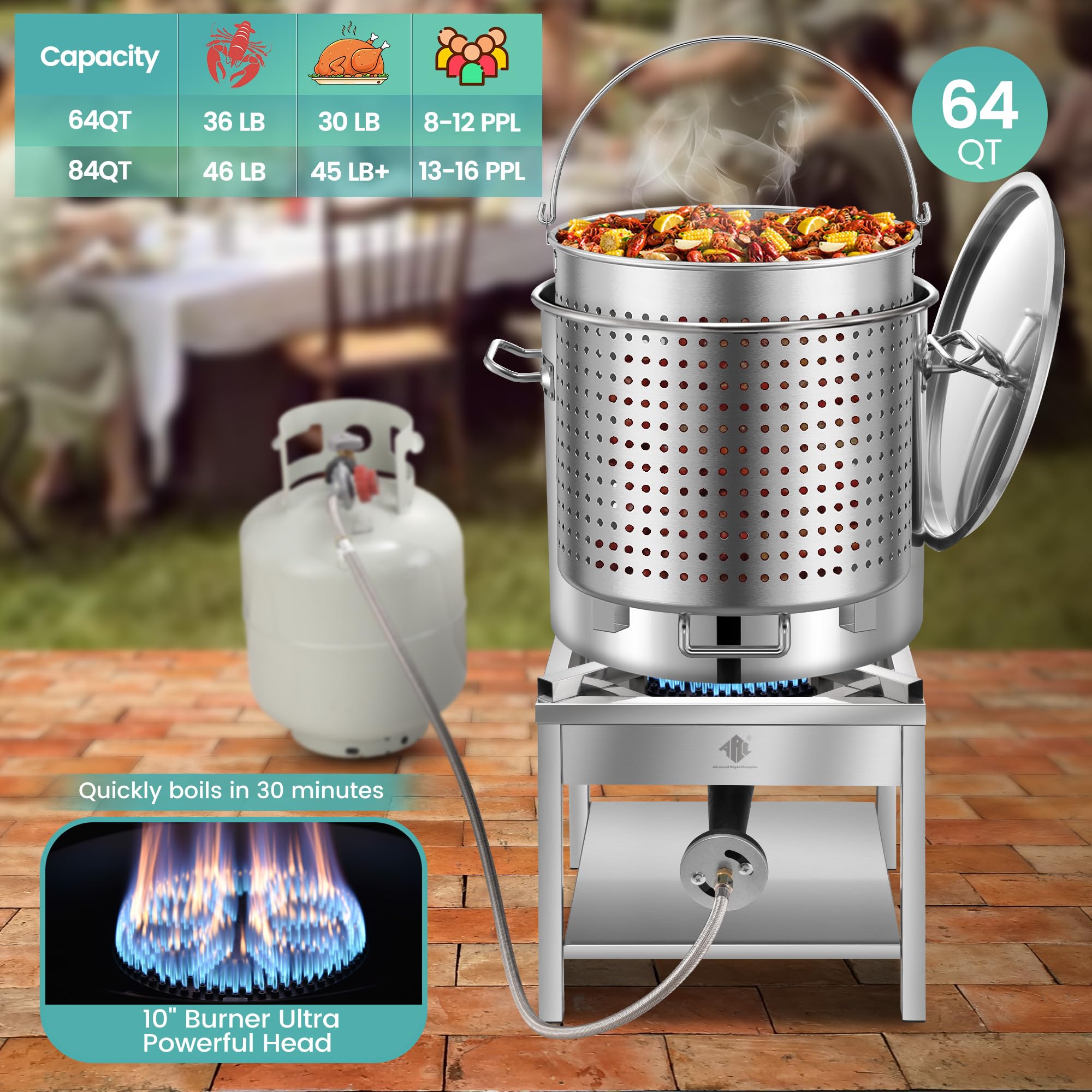 64QT Stainless Steel Seafood Boil Pot with 200,000 BTU Propane Burner & Basket - Outdoor Cooking Pot for Deep Frying, Turkey Fryer, Crab, Crawfish, Shrimp & Lobster Boiling - Perfect for Backyard Parties, Camping & Large Gatherings