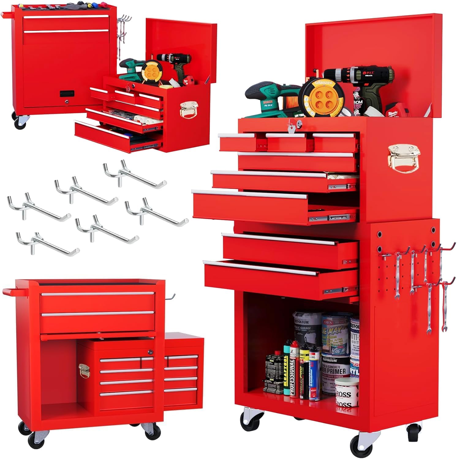 8-Drawer Rolling Tool Chest - Heavy Duty 2-in-1 Tool Box Organizer with Lockable Wheels & Sliding Drawers, Detachable Top for Garage Workshop Storage Cabinet (Red) - Perfect for Mechanics, DIY Enthusiasts & Professional Tool Organization