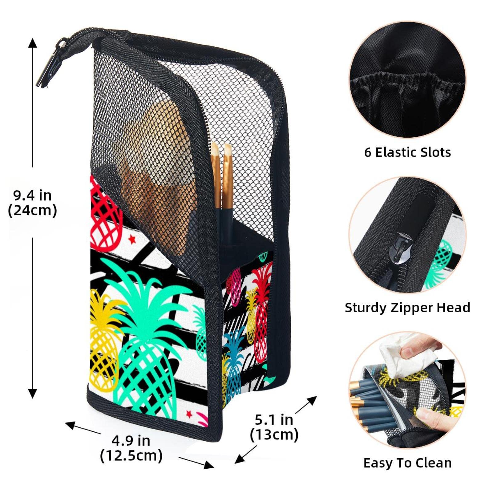 Portable Makeup Brush Organizer Bag with 12 Slots - Pineapple Geometric Stripes Cosmetic Brush Holder Case - Perfect for Travel, Home Vanity & Professional Makeup Artists