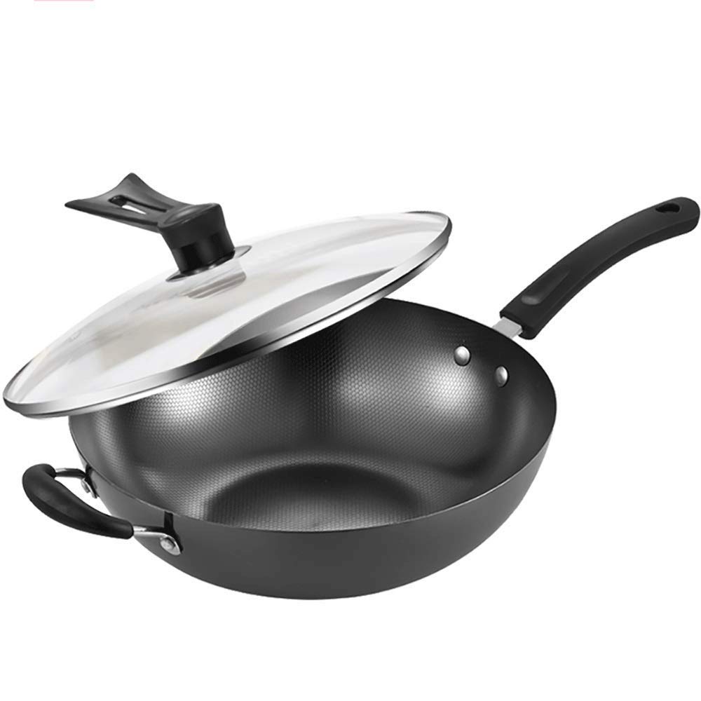 Non-Stick Carbon Steel Wok Pan - 14 Inch Round Bottom Stir Fry Pan for Gas Stoves - Thickened Heavy Duty Hand Hammered Wok - Perfect for Asian Cooking, Stir Frying, Deep Frying & Sautéing