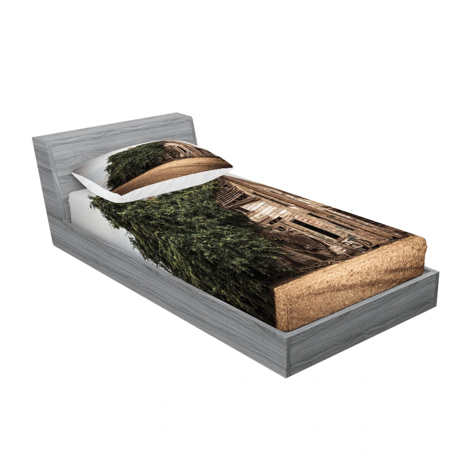 Ambesonne Rustic 2-Pack Twin Size Fitted Sheet & Pillow Sham Set - House Rural Ivy Design, 4-Piece Beige Green Bedding Decor for Cozy Farmhouse Style Bedroom - Perfect for Guest Rooms, Dorms & Vacation Homes
