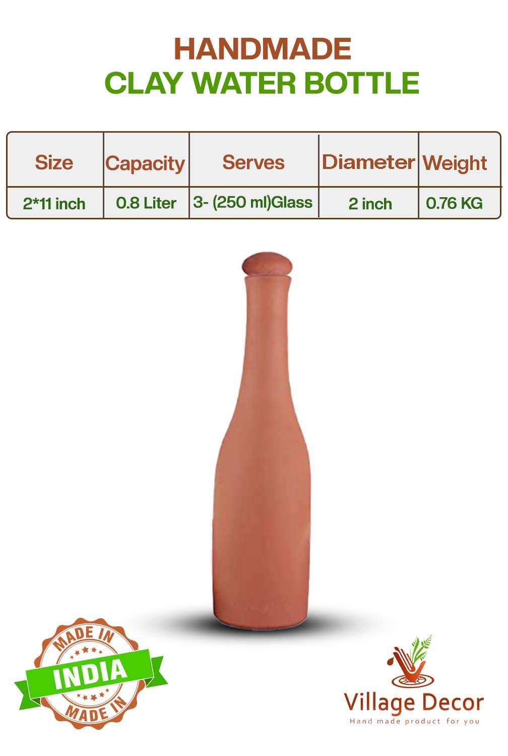 Village Decor Preseasoned Handmade Terracotta Water Bottle with Cork & Tray - 27oz Clay Mud Bottle for Home, Office & Outdoor Use | Natural Cooling Water Storage