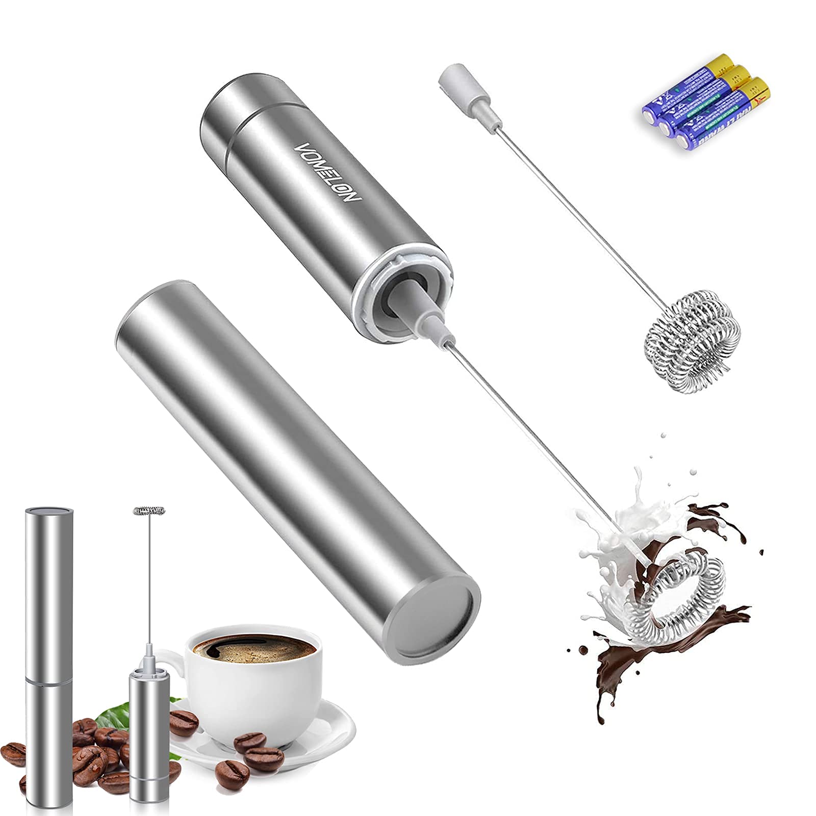 Handheld Milk Frother - Battery Operated Travel Coffee Frother with 2 Stainless Steel Whisks for Lattes, Hot Chocolate & Cappuccino - Perfect for Home, Office & Travel (Silver, Batteries Included)