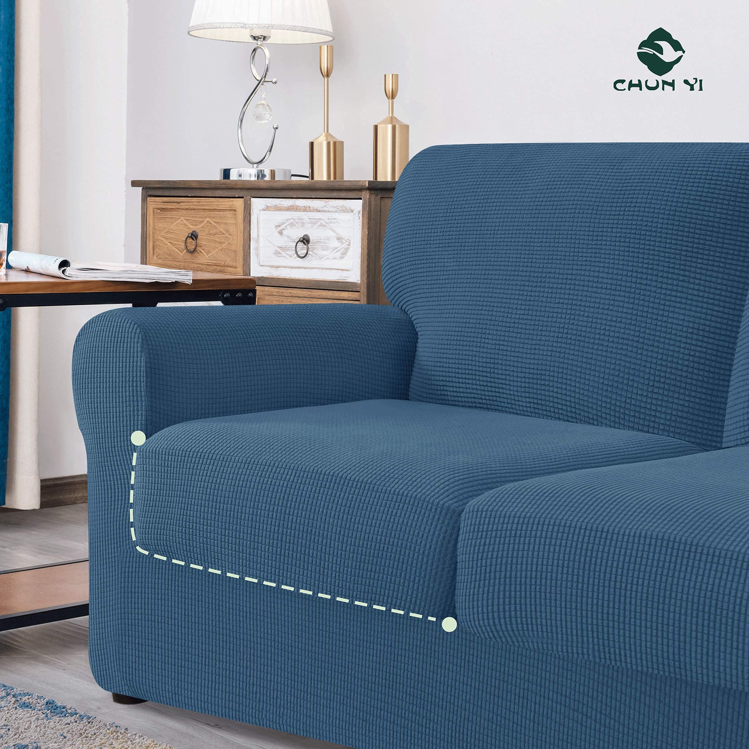 CHUN YI 2-Piece Armchair Sofa Slipcover Set - Stretchable Jacquard Fabric Couch Cover with Detachable Backrest & Cushion Covers (Denim Blue Checkered Pattern) - Perfect for Living Room, Office, and Home Decor