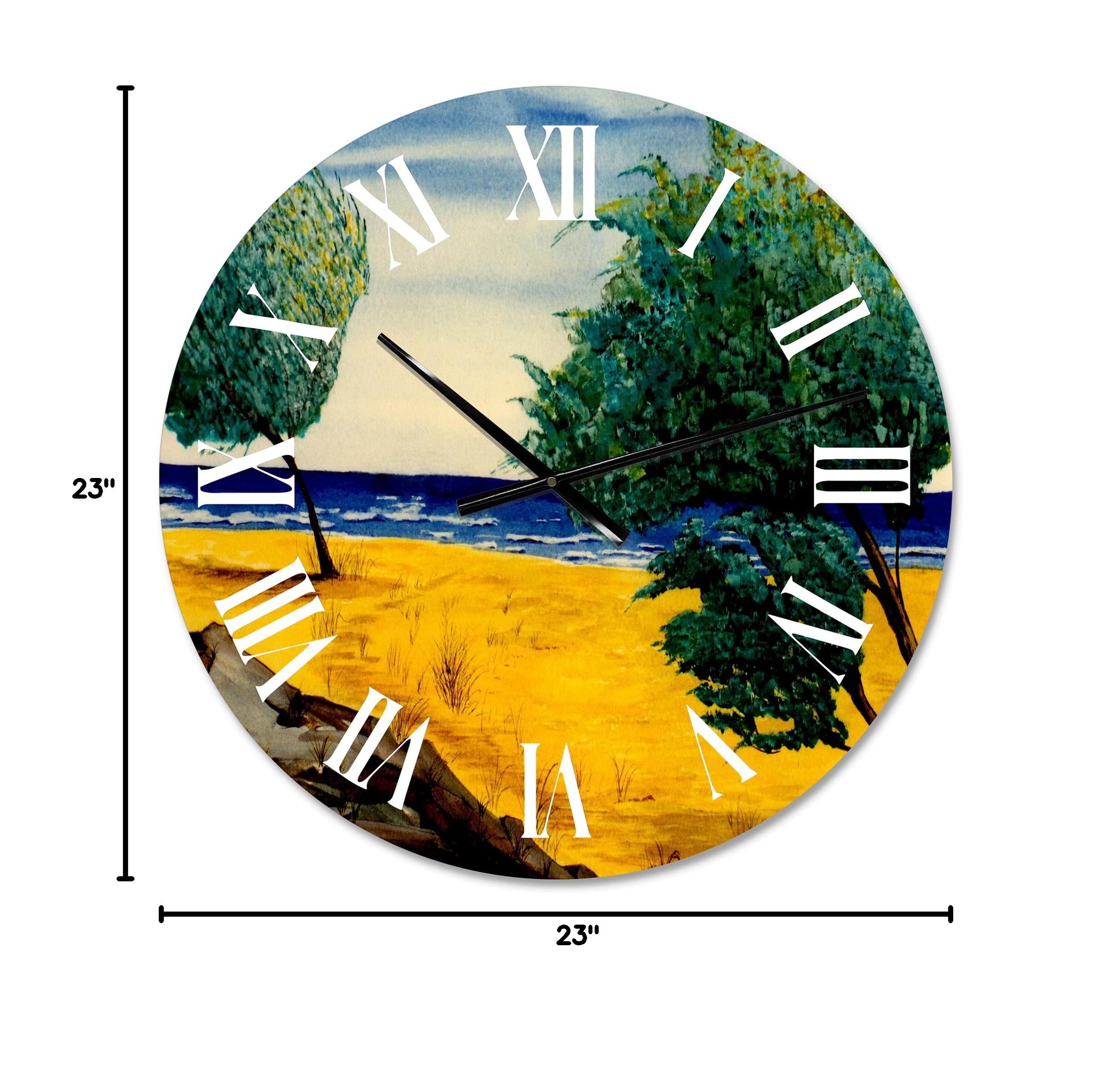 DesignQ Nautical Coastal Wall Clock - Orange Beach Landscape Large Wall Decor for Living Room, Bedroom & Office | Silent Non-Ticking Rustic Home Decor