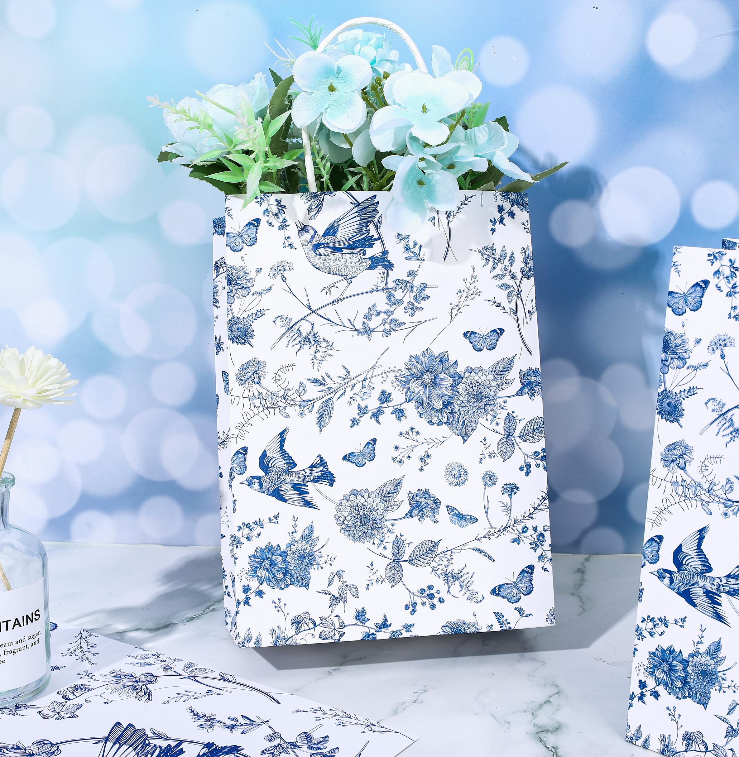 16Pcs Floral Gift Bags with Handles - Blue & White Chinoiserie Hydrangea Design for Wedding, Birthday Party Favors & Decorative Packaging | Elegant Party Supplies for Bridal Showers, Baby Showers & Special Events