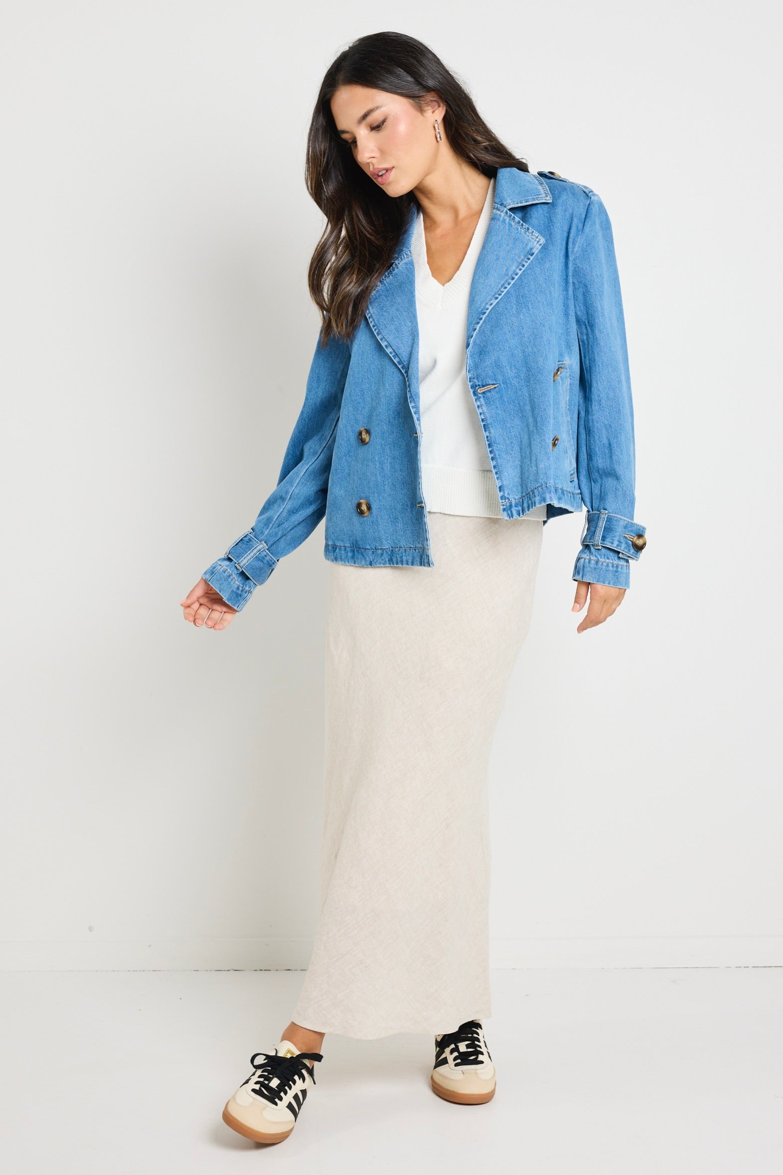 Heritage Storm Blue Cropped Denim Trench Jacket - Vintage Style Women's Denim Coat for Casual Outfits & Streetwear Fashion