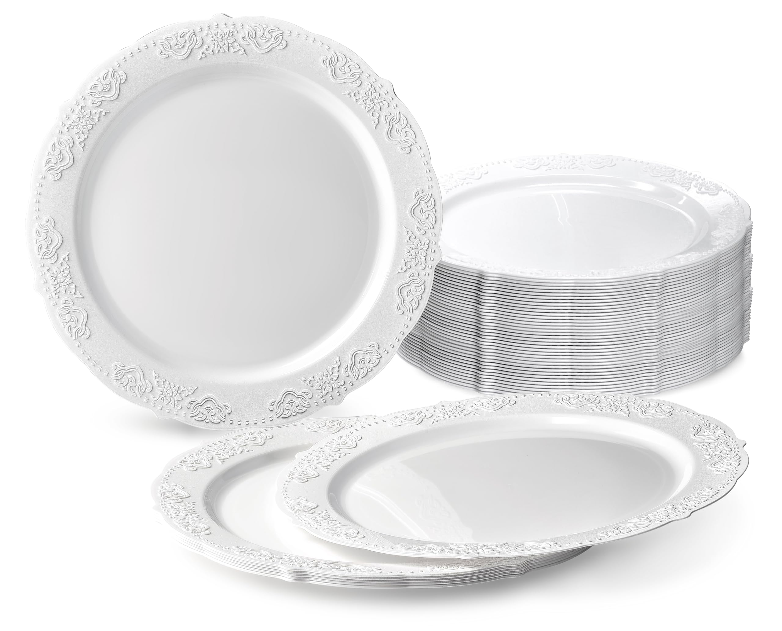 60-Pack Vintage White Portofino Disposable Plastic Plates (7.5'' Appetizer/Dessert Plates) for Wedding, Party & Special Occasions - Elegant & Convenient Tableware for Events, Catering & Home Entertaining