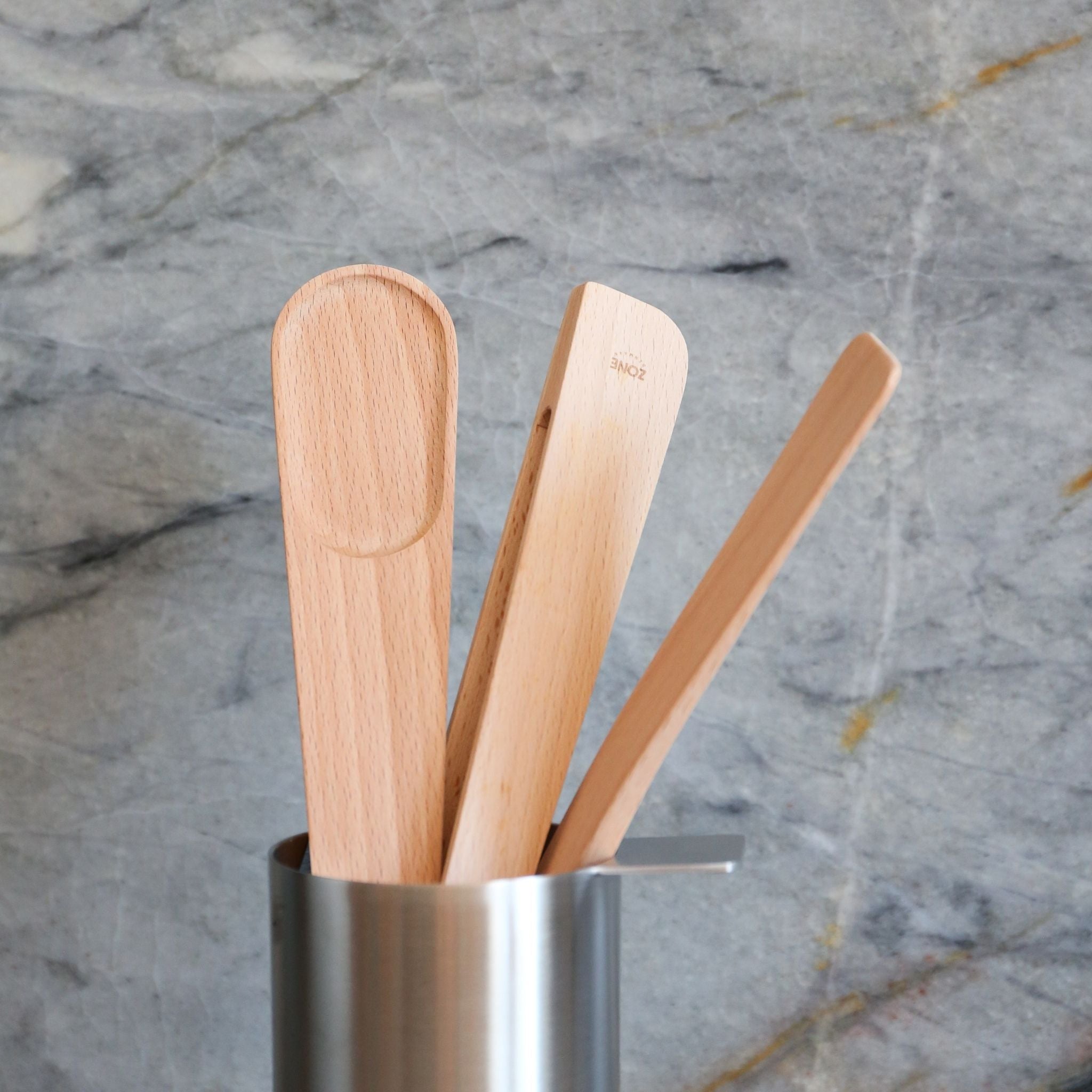 ZONE DENMARK 4-Piece Kitchen Utensil Set - Container, Tongs, Spatula, Stirring Spoon - Essential Cooking Tools for Baking, Grilling & Food Prep - Perfect for Home Chefs & Professional Kitchens