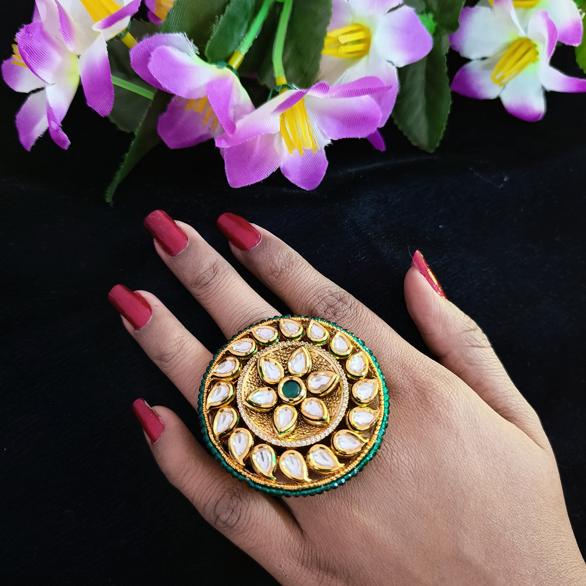 Designer Gold Plated Royal Kundan Beaded Ring (Design 145) - Elegant Indian Jewelry for Weddings, Parties & Special Occasions