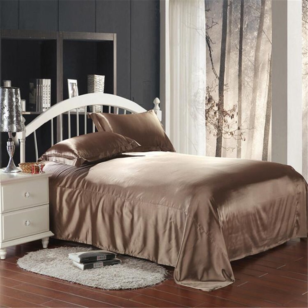 Luxury Solid Satin Silk Duvet Cover Set with Pillowcases - Queen/King Size Light Brown Silk Bedding for Boys | Soft & Breathable for All Seasons | Perfect for Master Bedroom, Guest Room & Luxury Hotels