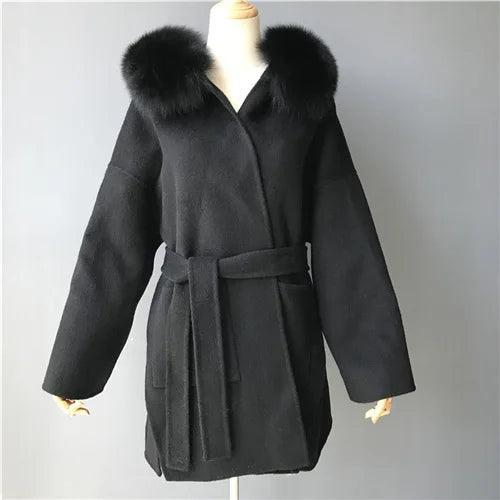 Luxury Women's Winter Coat with Real Fox Fur Hood & Cuffs - 100% Natural Fur, Cashmere Wool Blend, Oversized Loose Fit Jacket for Cold Weather - Perfect for Snowy Days, Outdoor Activities & Fashionable Winter Outfits