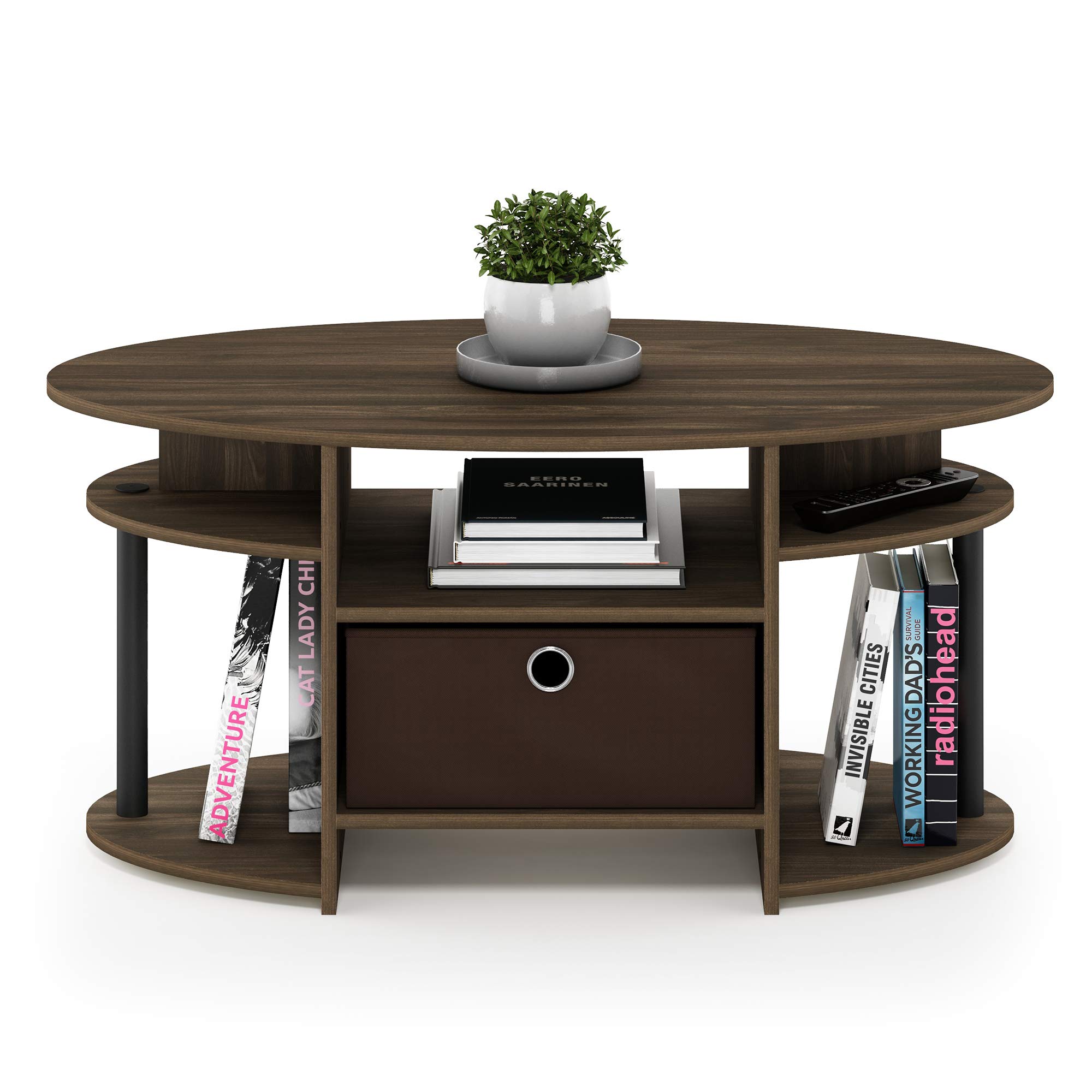 Furinno Jaya Oval Coffee Table with Storage Bin - Simple Modern Design for Living Room, Columbia Walnut/Black/Dark Brown - Perfect for Small Spaces, Apartments & Home Decor