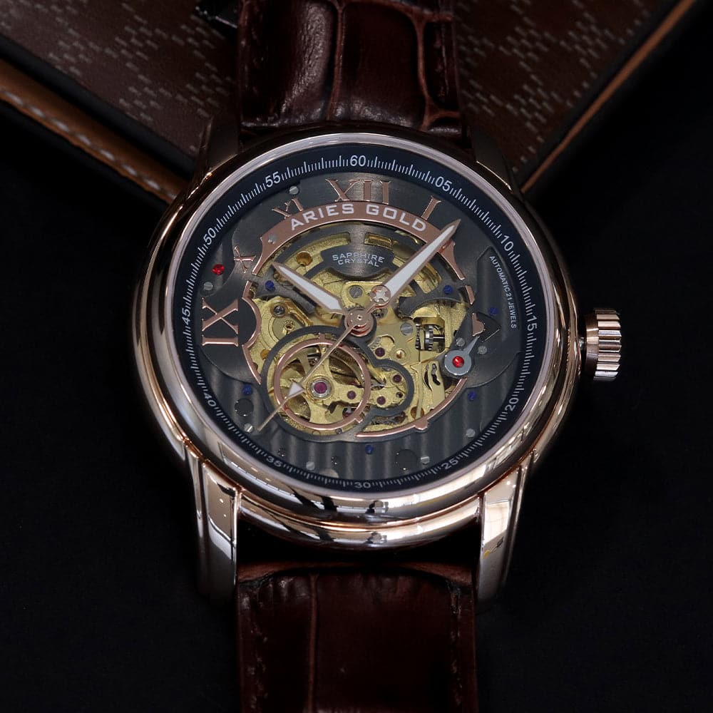 ARIES GOLD Automatic Infinum El Toro Men's Watch - Stainless Steel Case, Brown Leather Strap, Gold-Tone (G 9005G RG BK) | Luxury Dress Watch for Business, Formal Occasions & Gifts