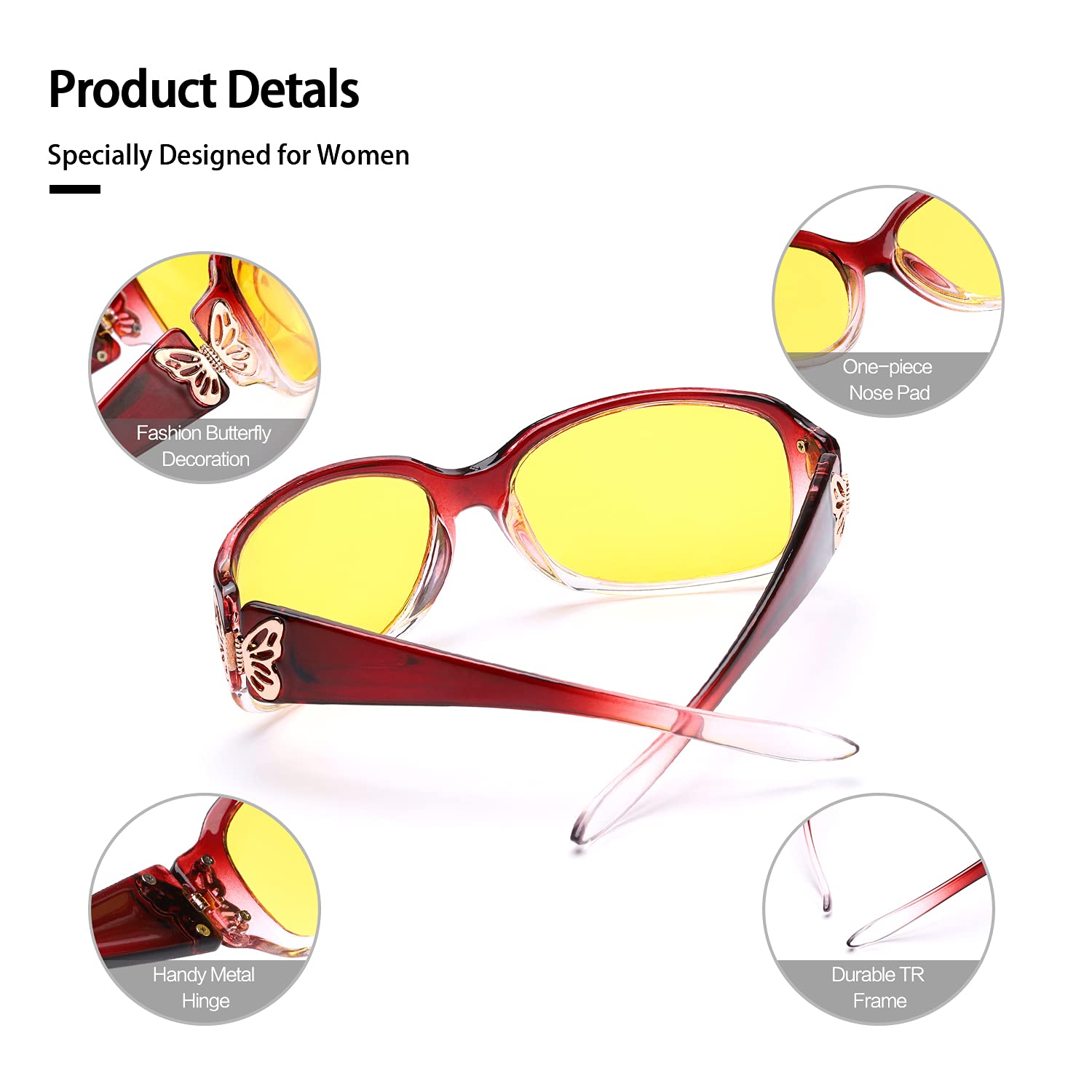 LVIOE Polarized Night Vision Glasses for Women - Yellow Tinted Driving Glasses with Butterfly Design - Reduce Glare & Improve Visibility for Night Driving, Evening Commutes & Low Light Conditions