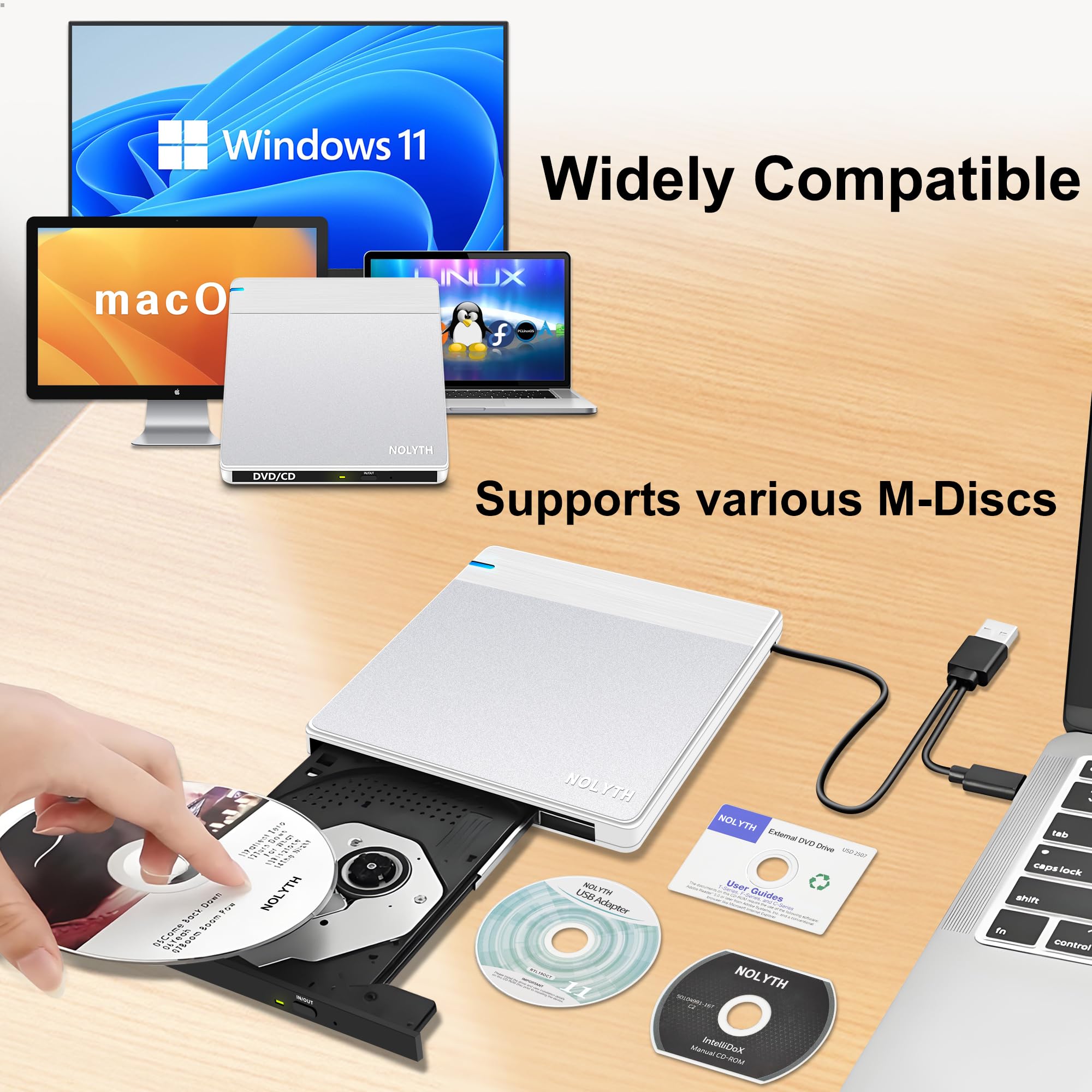 NOLYTH Portable External CD/DVD Drive USB 3.0 & USB-C Burner for Windows 11/10 Mac OS - Slim DVD±RW Writer with 2 USB/SD/TF Card Slots for Laptop MacBook Pro/Air (Silver-White) - Perfect for Home Office, Travel & Media Backup