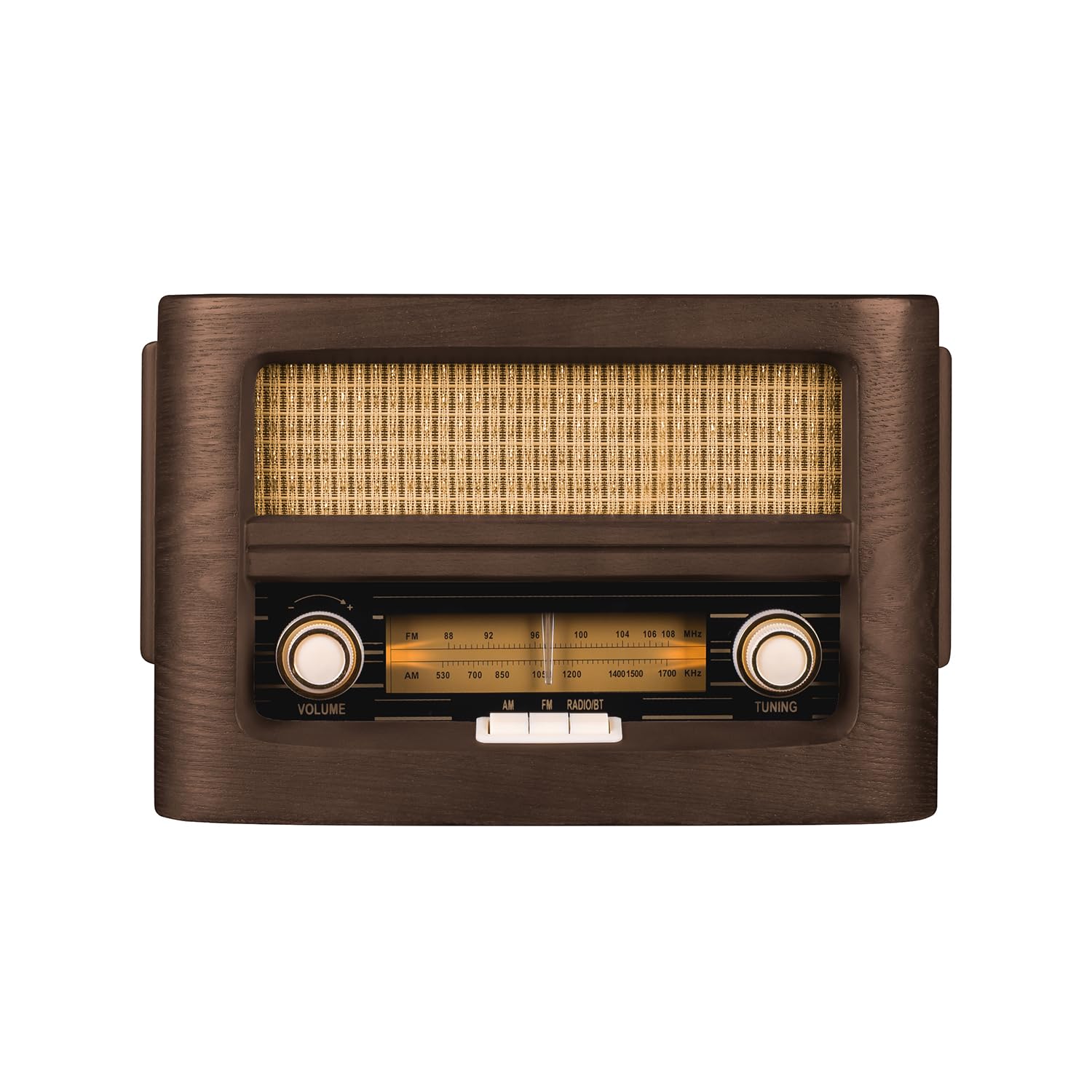 Vintage Wood Retro Bluetooth Speaker with Wireless Charging Pad | AM/FM Radio | AUX Input | Handcrafted Ashtree Wood | Mid Century Modern Design for Home, Office & Outdoor Use