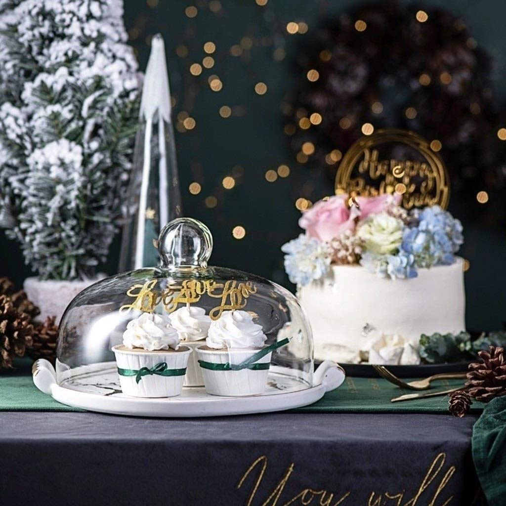 Elegant Black Marble Textured Porcelain Cake Stand - 10 Inch Retro Dessert Platter for Party, Wedding & Afternoon Tea Display - Perfect for Cakes, Cupcakes, Fruit & Snacks with Glass Dome Cover