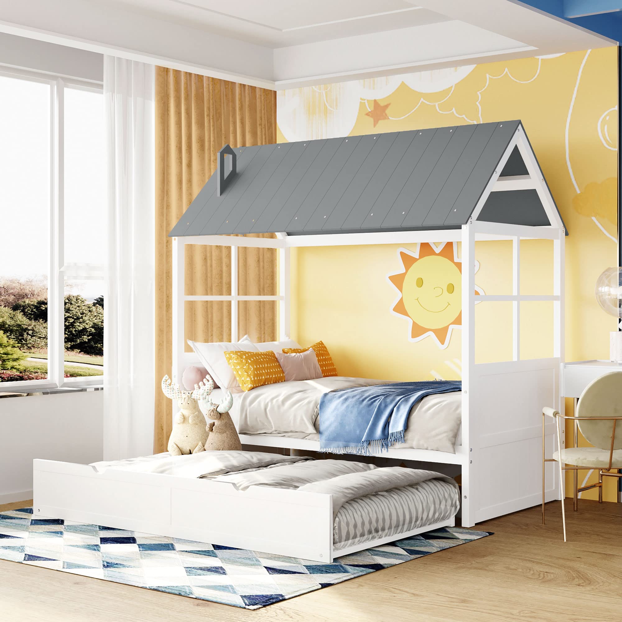 Twin Size Wooden House Bed with Trundle - Montessori Daybed for Kids, Toddlers & Teens - Sturdy Roof Design with Slat Support (No Box Spring Needed) - Perfect for Bedrooms, Playrooms & Montessori Classrooms (White & Gray)