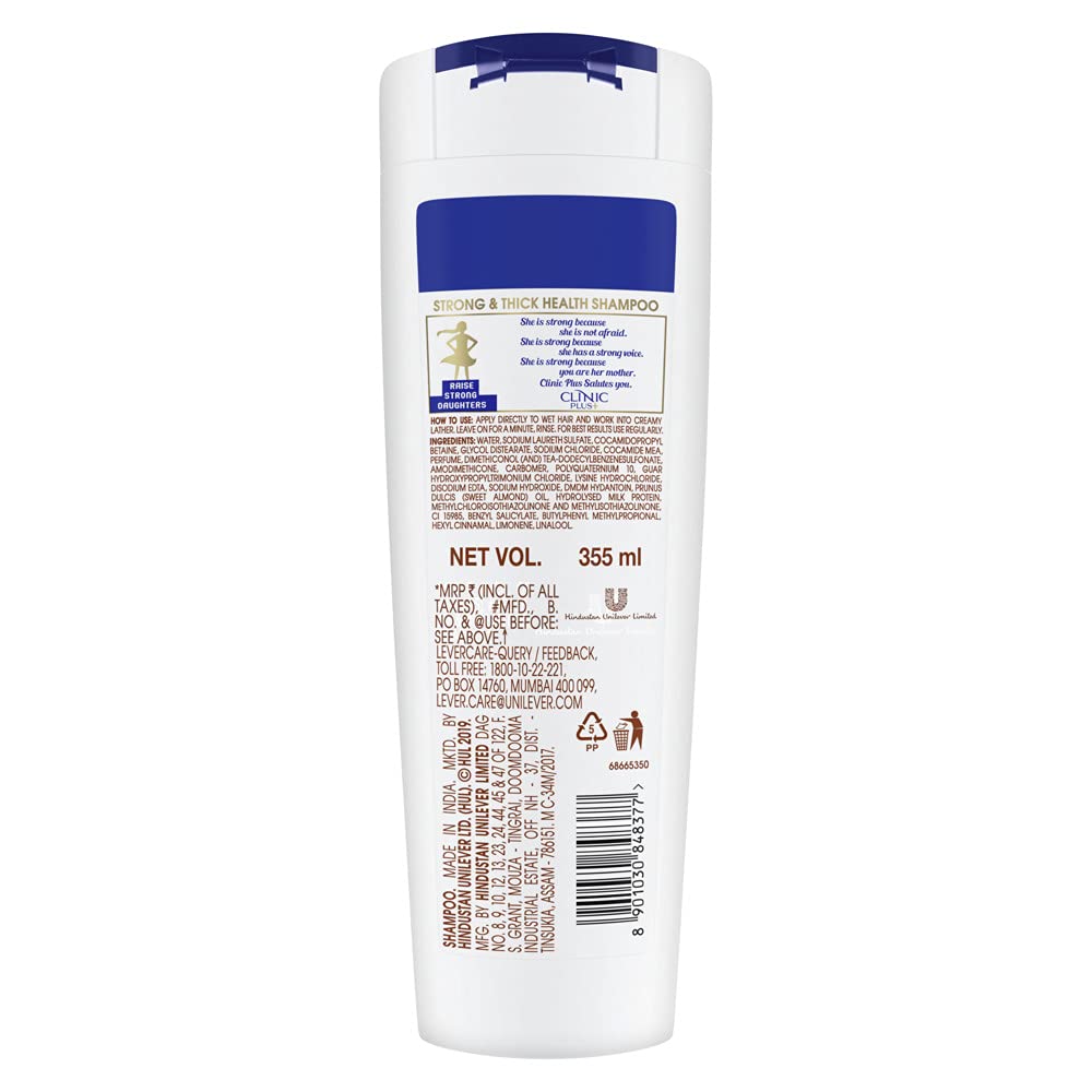 Clinic Plus Strength & Shine Shampoo with Egg Protein 355ml & Strong Thick Shampoo with Milk Protein & Almond Oil 355ml - Hair Strengthening & Volume Boost for Damaged Hair | Daily Use for Women & Men