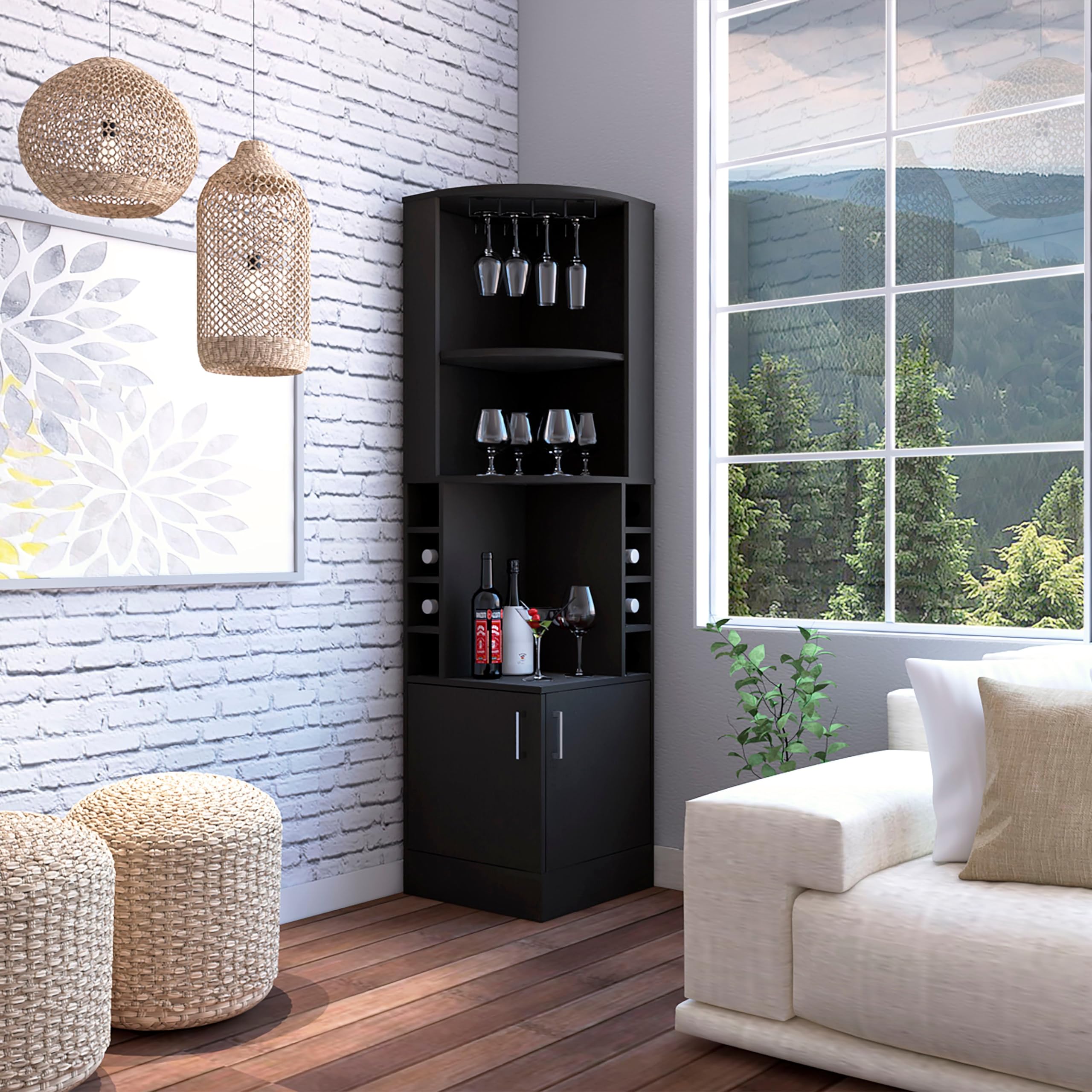 Tuhome Black Syrah Corner Bar Cabinet with 8 Bottle Cubbies, Double Doors & 2 Open Shelves - Space-Saving Home Bar for Living Room, Dining Room or Man Cave