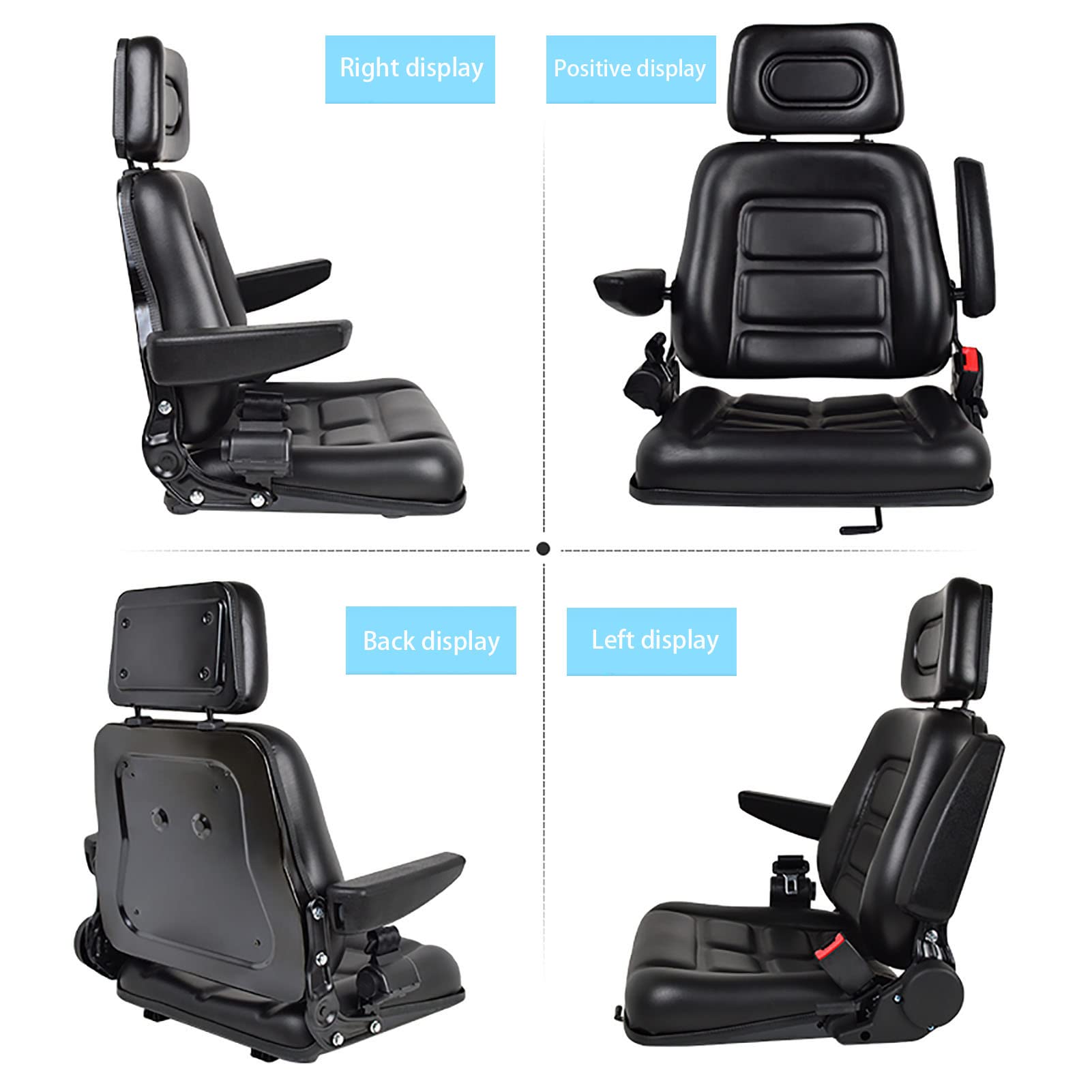 Universal Lawn Mower Seat with Adjustable Backrest & Slide Rail - Waterproof Tractor Seat with Armrests, Headrest & Seatbelt - Fits Garden Tractors, Loaders, Forklifts, Excavators & Dozers - Perfect for Landscaping, Farming & Construction Work