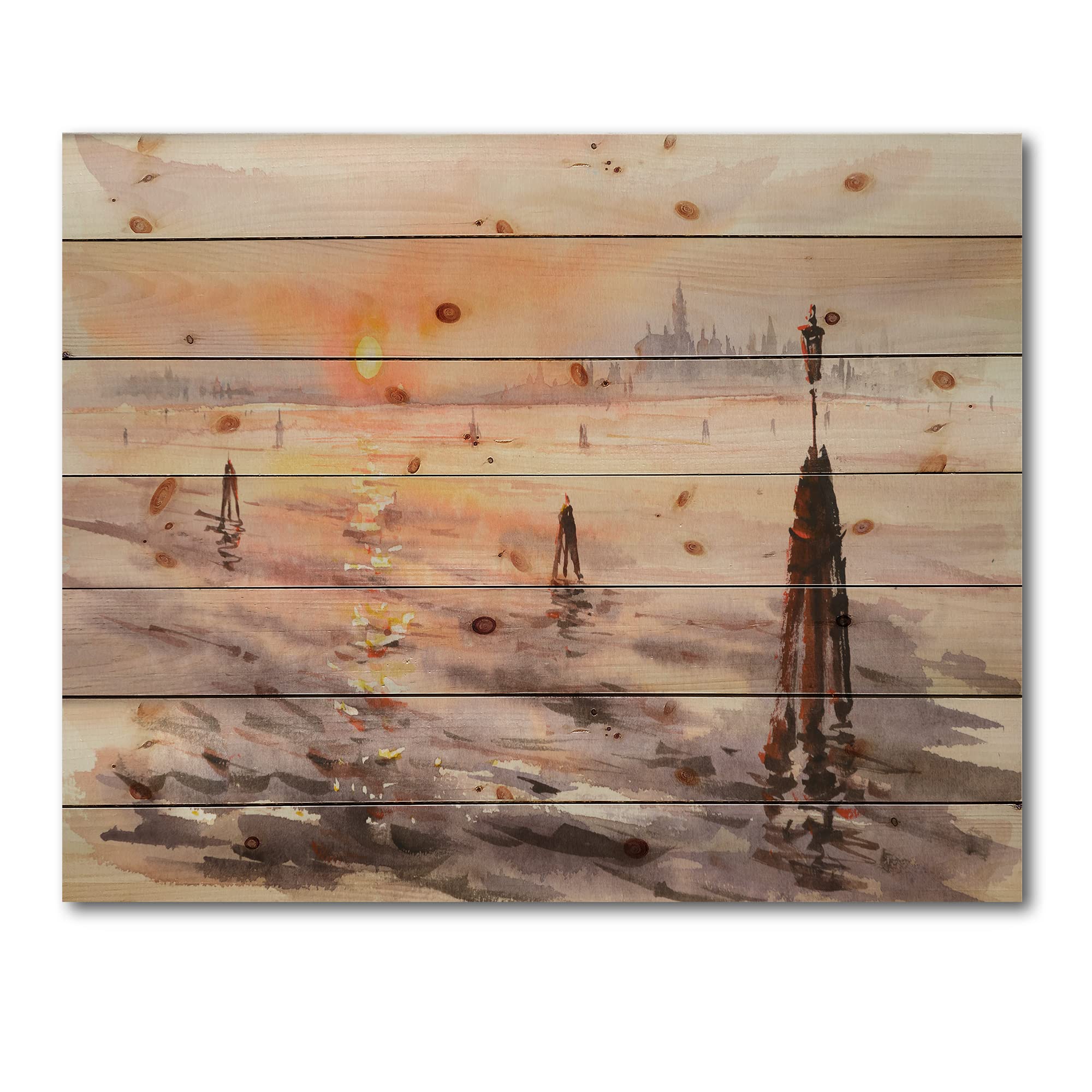 Venice Sunset Panorama Wood Wall Art - Coastal & Nautical Decor, Large Orange Landscape Print on Natural Pine Wood Panel | Perfect for Beach House, Living Room & Office Wall Decor