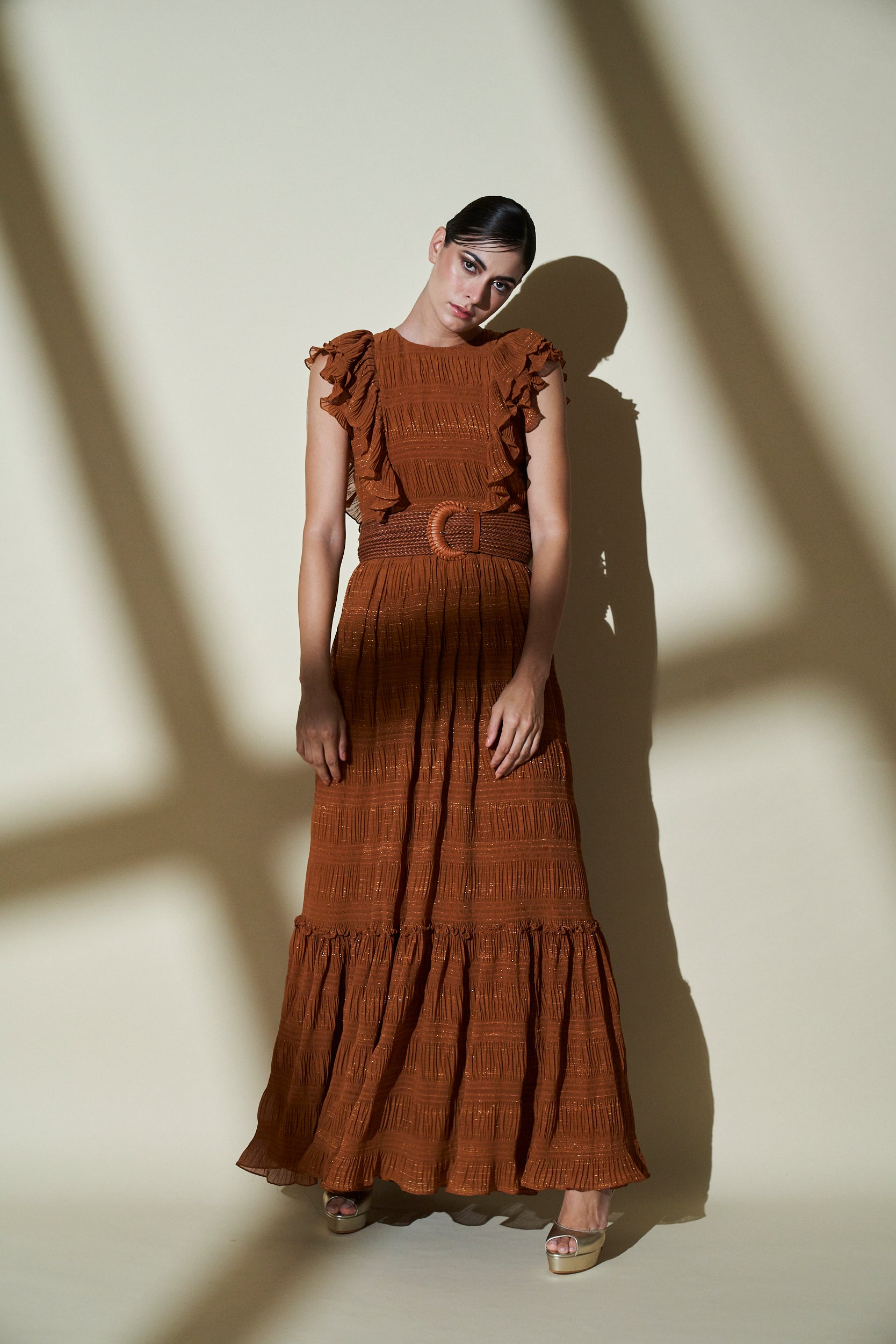 Mustard Gold Woven Zari Maxi Dress for Women - Elegant Indian Party Wear & Wedding Guest Outfit - Perfect for Festivals, Ceremonies and Special Occasions