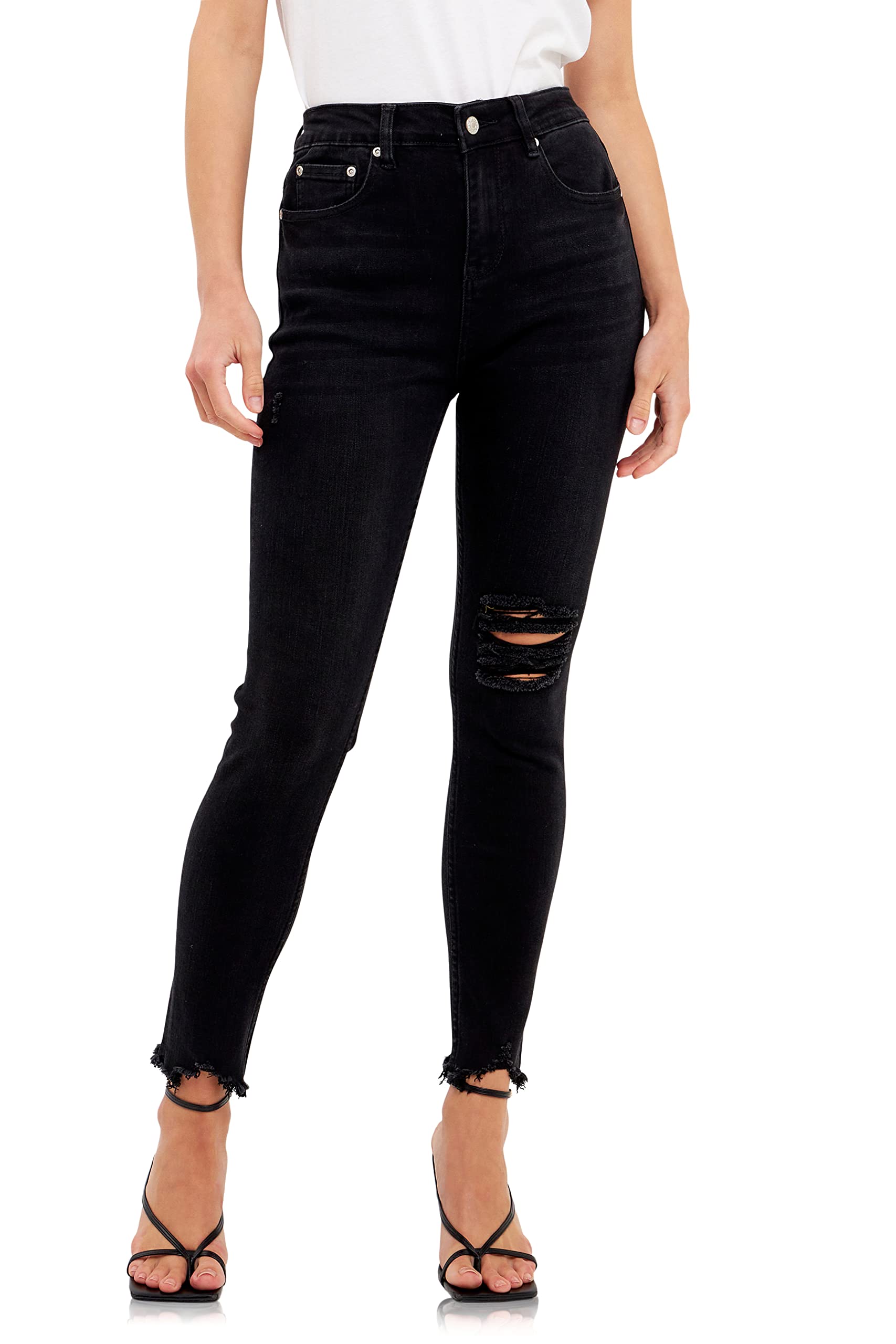 Women's Ripped Black Skinny Jeans - Stretch Denim for Casual Wear & Night Out | Trendy Distressed Jeans for Women