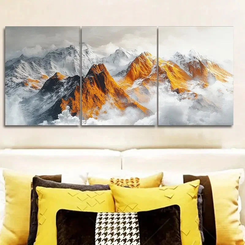 3-Piece Golden and Silvery Mountains Metal Wall Art - Ready to Hang Modern Home Decor for Living Room, Bedroom & Office