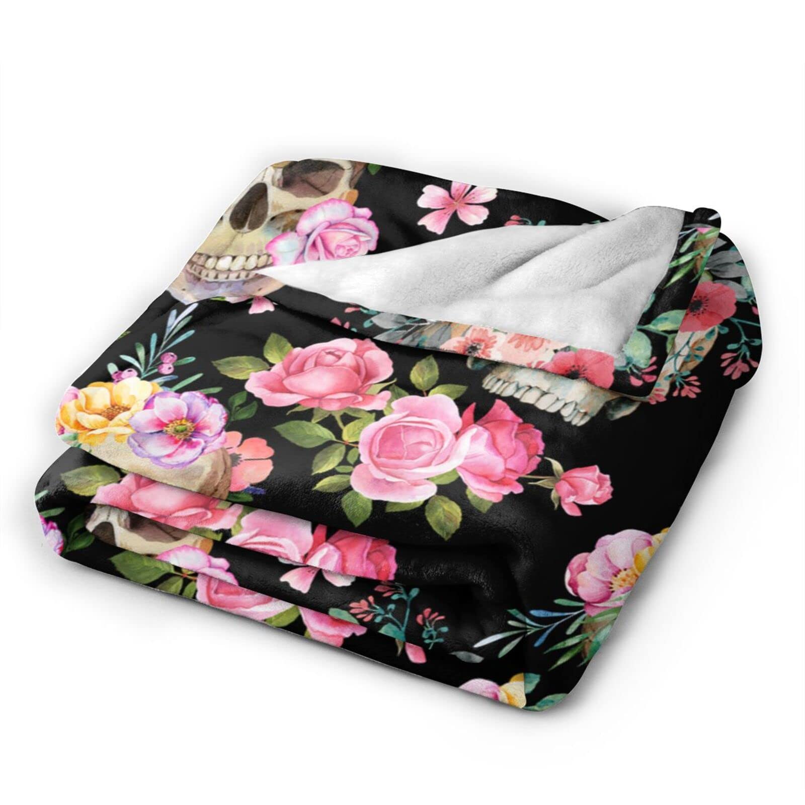 Goth Floral Skull Blanket - Ultra Soft Plush Lightweight Flannel Throw for All Seasons - 60
