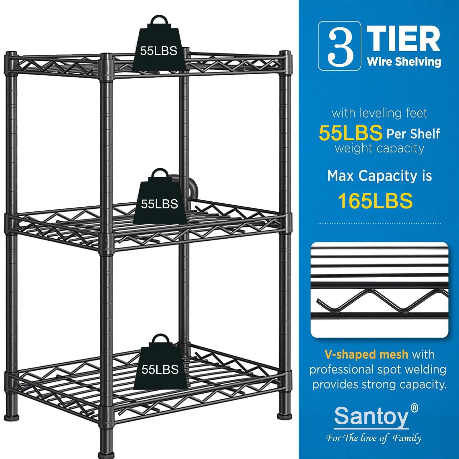 Santoy 3-Tier Adjustable Metal Storage Shelf - Heavy Duty Steel Wire Organizer for Kitchen, Bathroom, Pantry, Closet & Bedroom (Black, 17.7