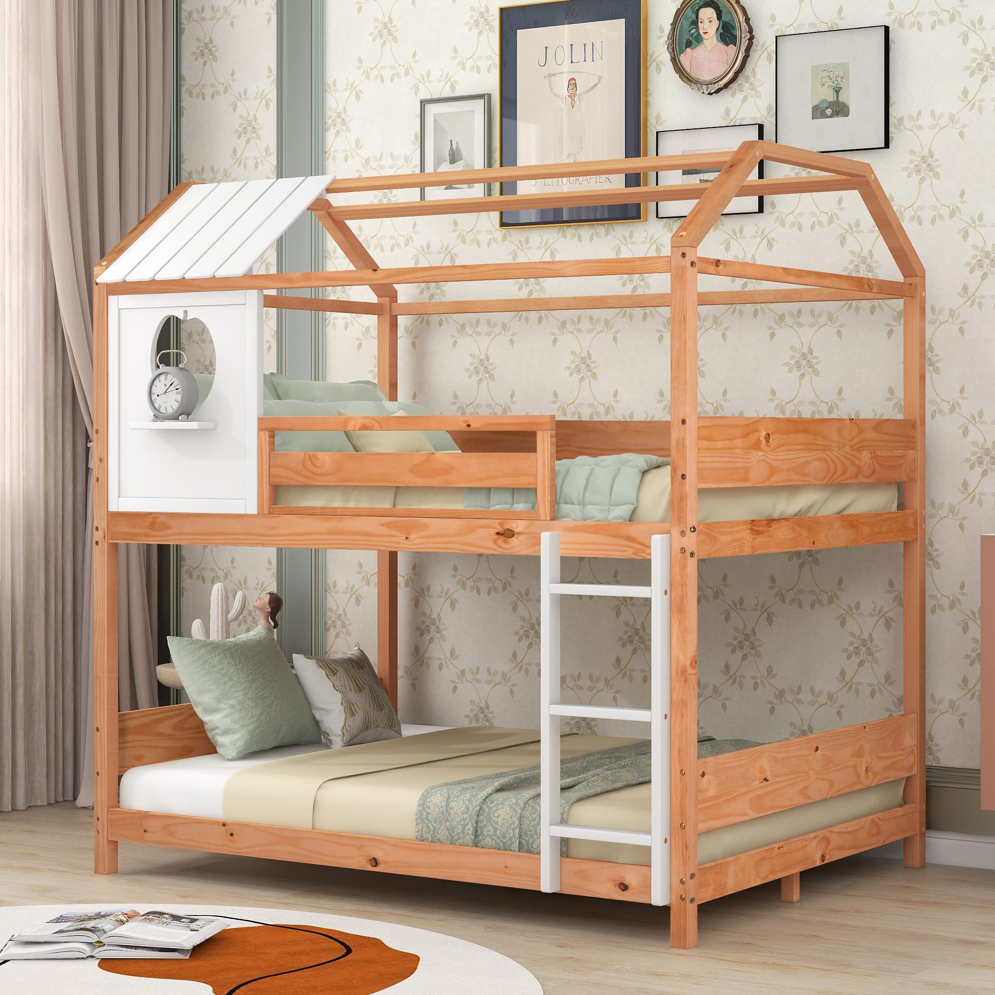 MOEO Full Over Full Wooden Bunk Bed with Ladder & Guardrail - Twin Size House Bunk Bed for Kids & Adults, No Box Spring Needed, Natural Finish - Perfect for Small Bedrooms, Guest Rooms & Vacation Homes