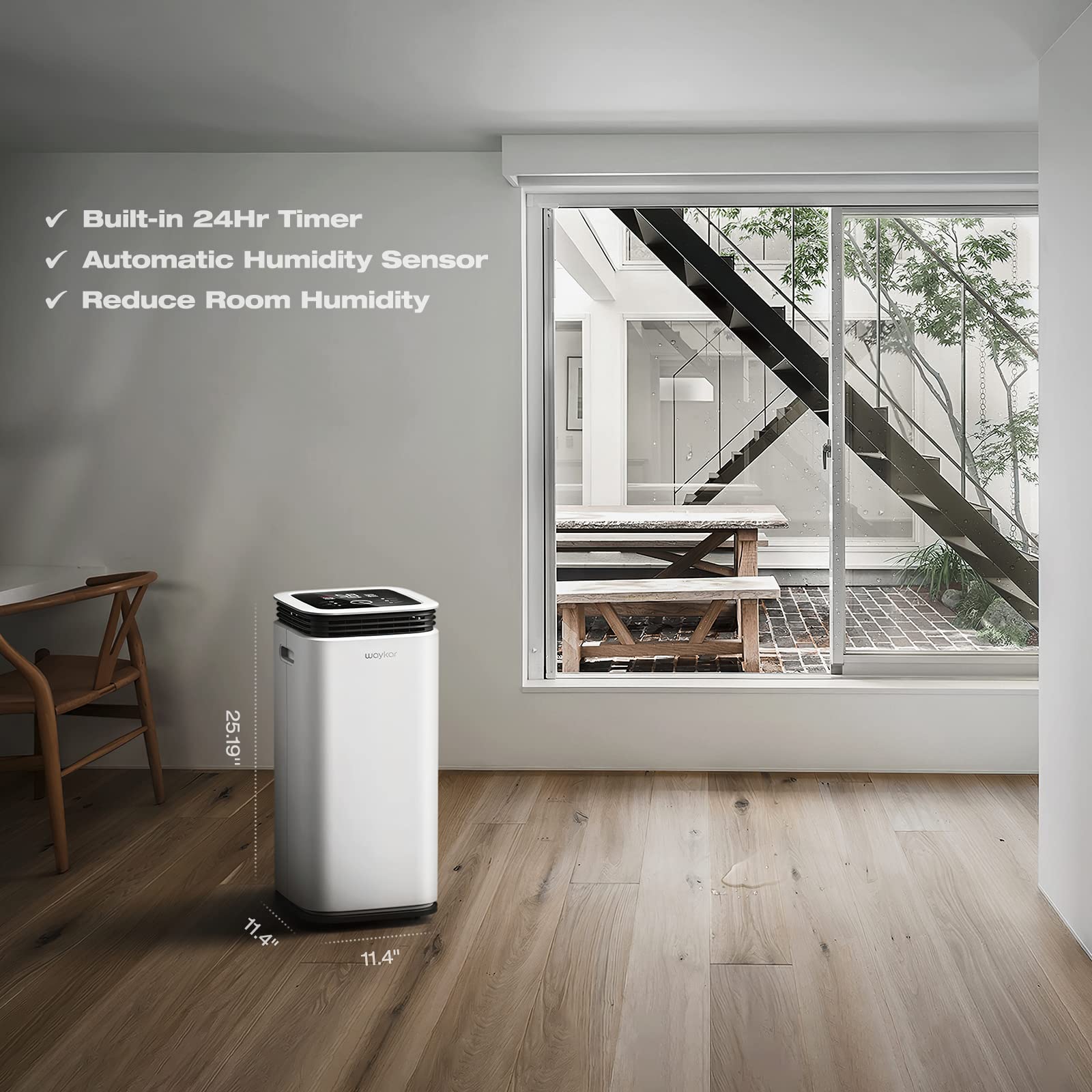Waykar 5000 Sq. Ft Energy Efficient Dehumidifier with Drain Hose - Smart Touch Control for Basement, Living Room, Bathroom - 4 Air Outlets, 24 Hour Timer, 1.19 Gallon Tank - Perfect for Mold Prevention & Humidity Control in Large Spaces