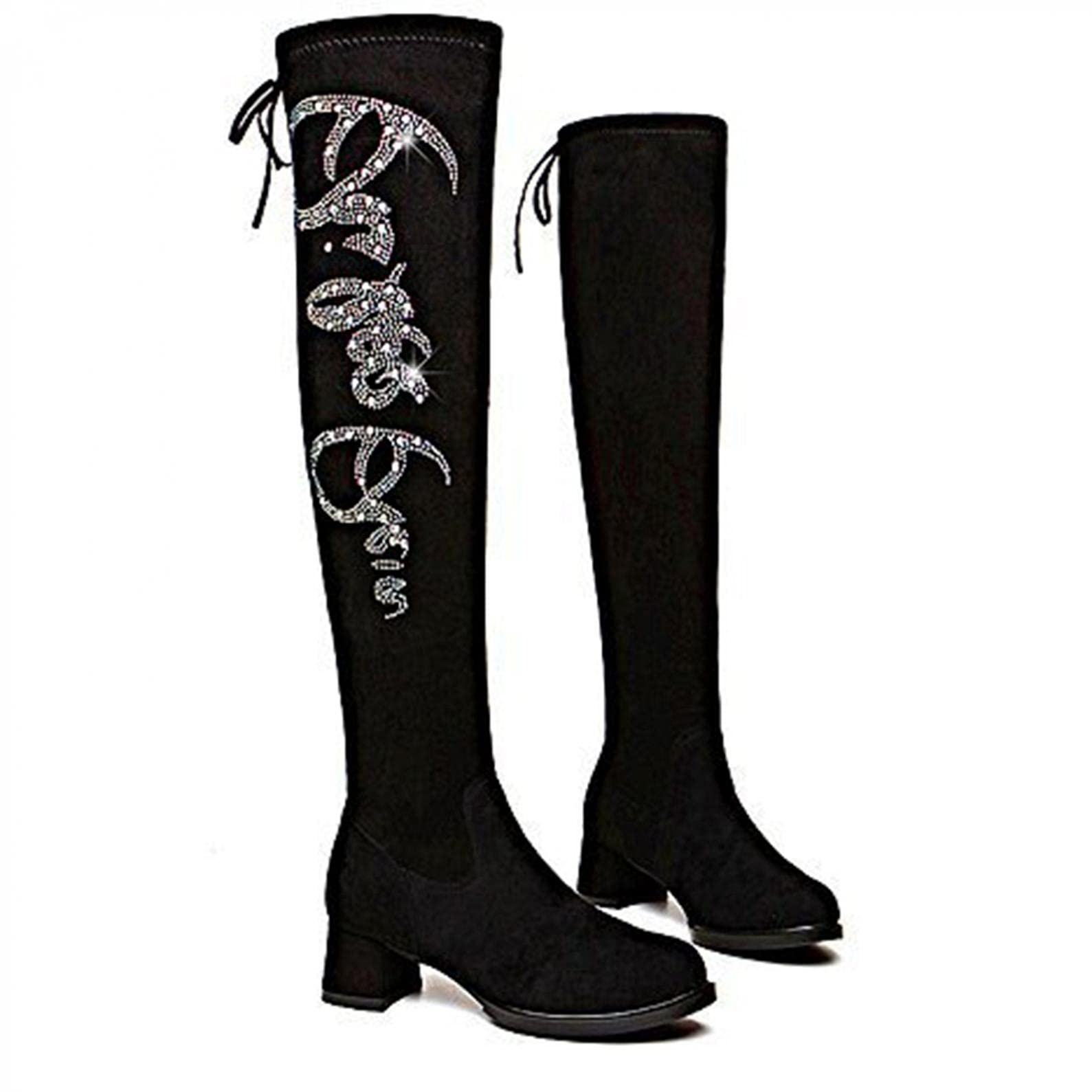 Hbeylia Women's Sexy Rhinestone Glitter Suede Over The Knee Boots - Chunky High Heel Lace Up Thigh High Boots for Fall Winter, Casual, Dress, Wedding & Halloween Outfits | Perfect for Party, Date Night & Holiday Events