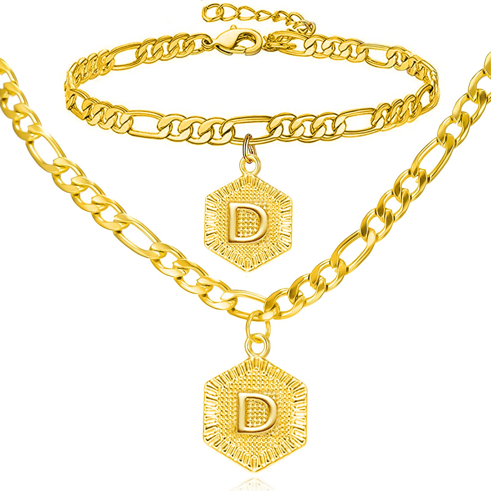 18K Gold Plated Initial Anklet Bracelet & Necklace Set - Stainless Steel Hexagon Letter Charm Foot Jewelry for Women & Girls - Perfect for Beach, Wedding & Everyday Wear