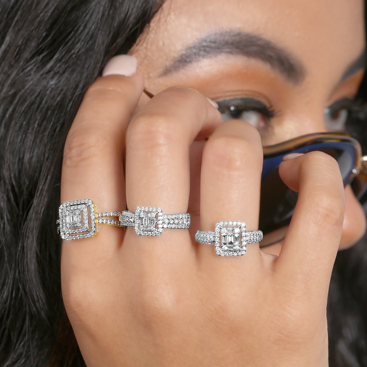 18K White Gold Baguette Halo Diamond Engagement Ring with Triple Row Band – Perfect for Proposals, Weddings & Anniversaries