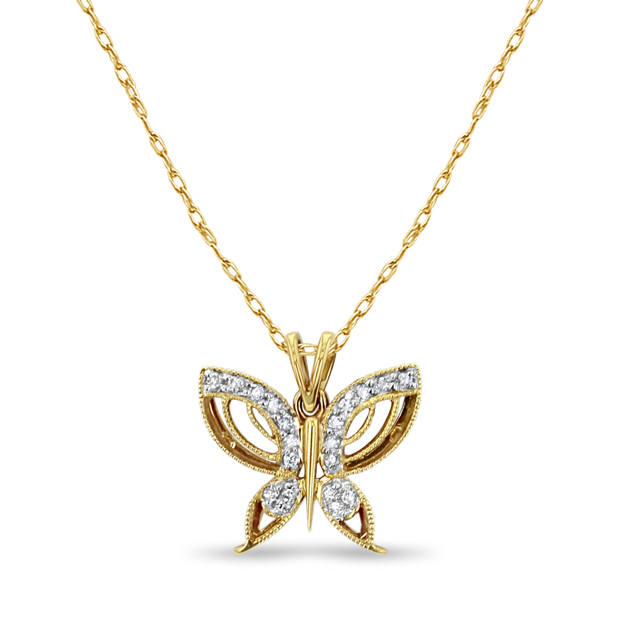 14K Yellow Gold Butterfly Diamond Pave Necklace .14cttw - Elegant Jewelry Gift for Women, Perfect for Anniversaries & Special Occasions