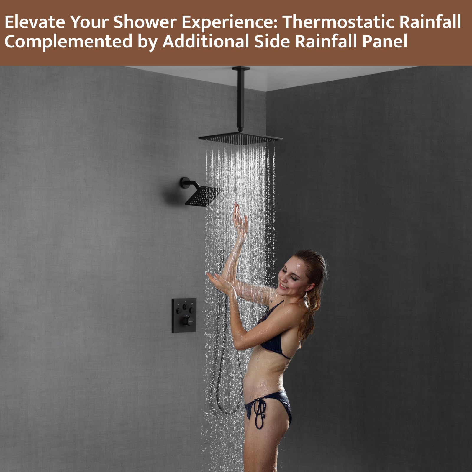 Premium Matte Black Thermostatic Shower System - Push Button Diverter, 2-in-1 Handheld Shower & 12