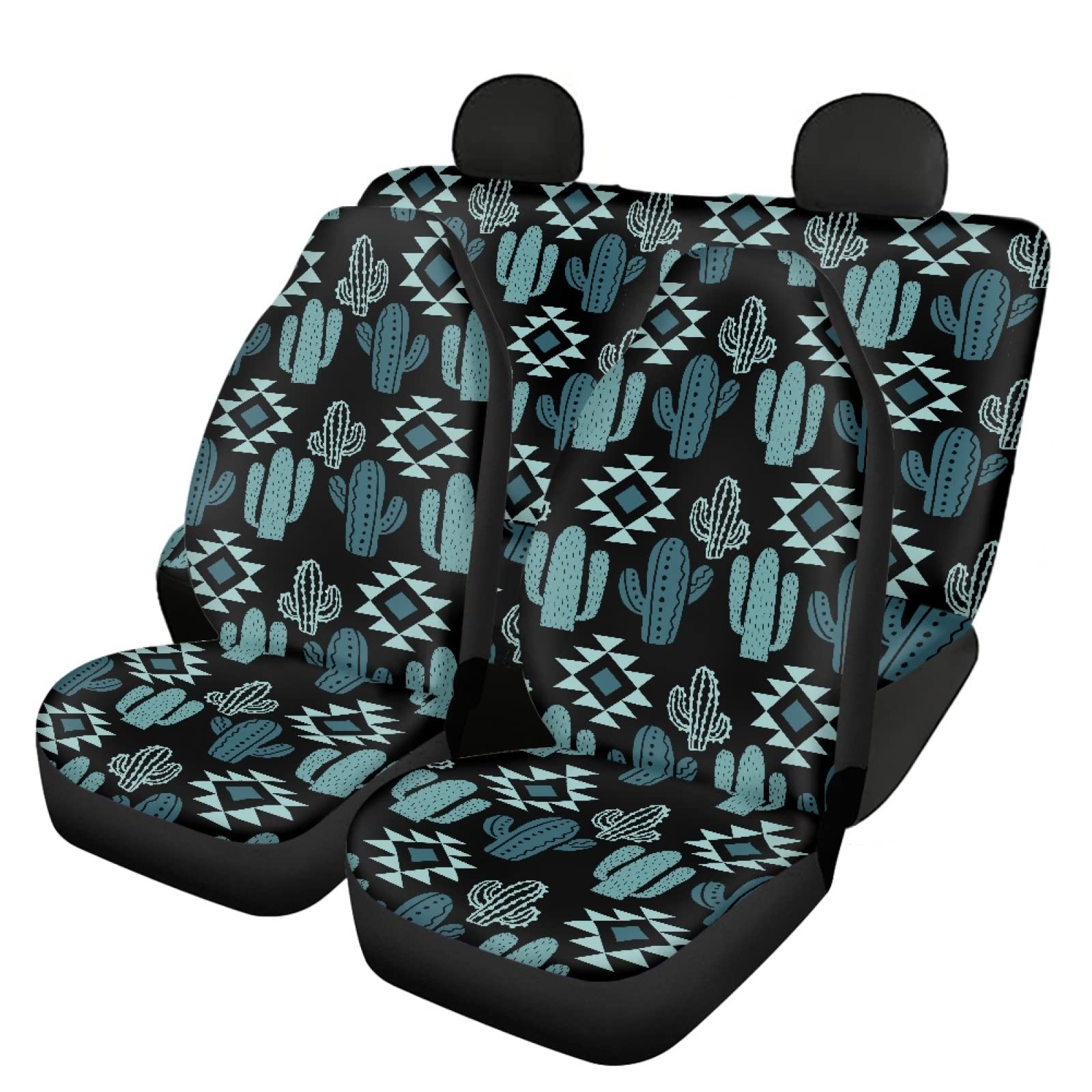 Bulopur Green Aztec Cactus Pattern 7-Piece Car Seat Cover Set - Front & Back Seat Protectors, Steering Wheel Cover, Coasters | Anti-Scratch, Dustproof Interior Decor for SUV, Truck, Sedan | Perfect for Road Trips & Daily Commute