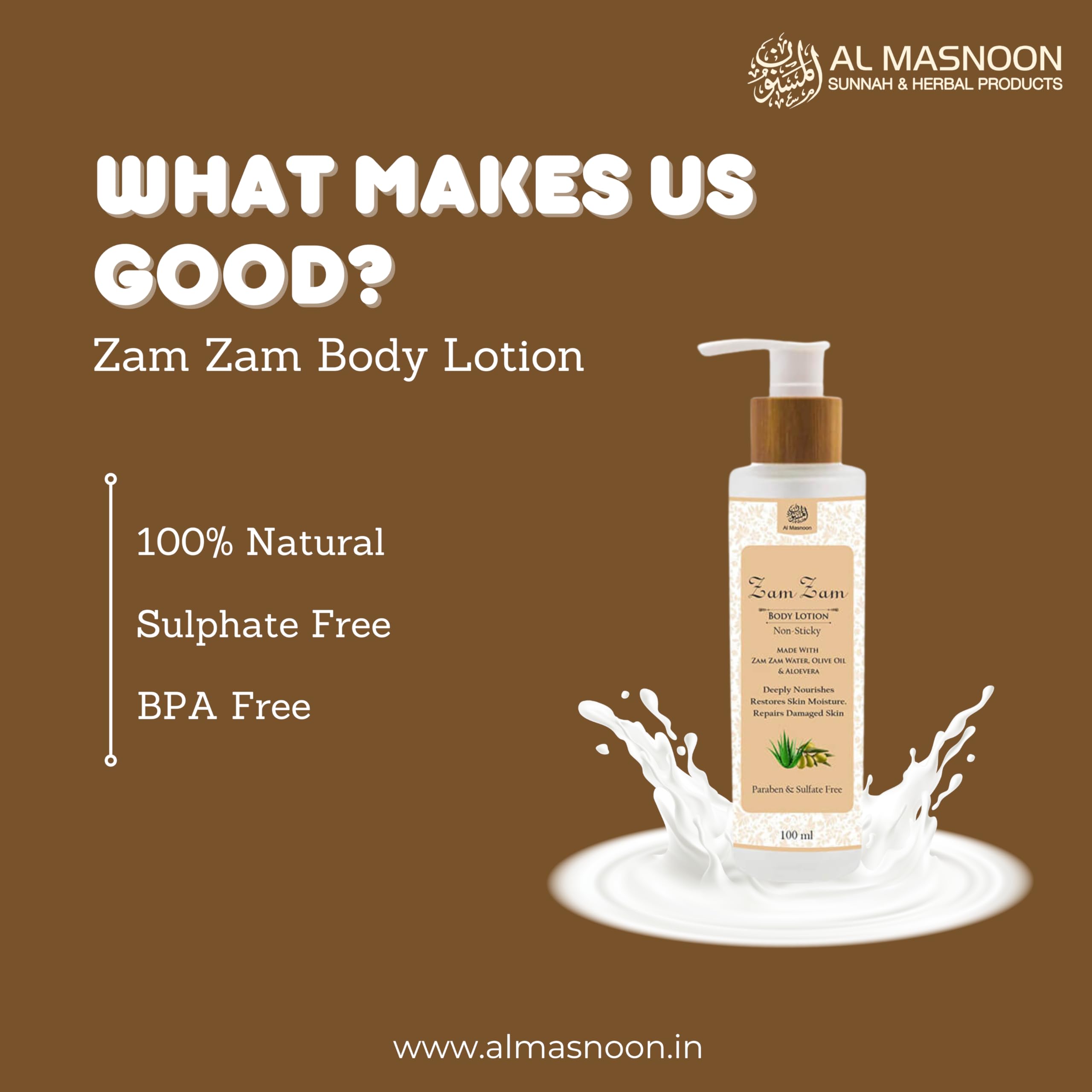 AL MASNOON Zam Zam Body Lotion with Zam Zam Water, Olive Oil & Aloe Vera - 100ml, Paraben & Sulfate Free - Hydrating & Nourishing for Dry Skin - Perfect for Daily Moisturizing & After-Shower Care