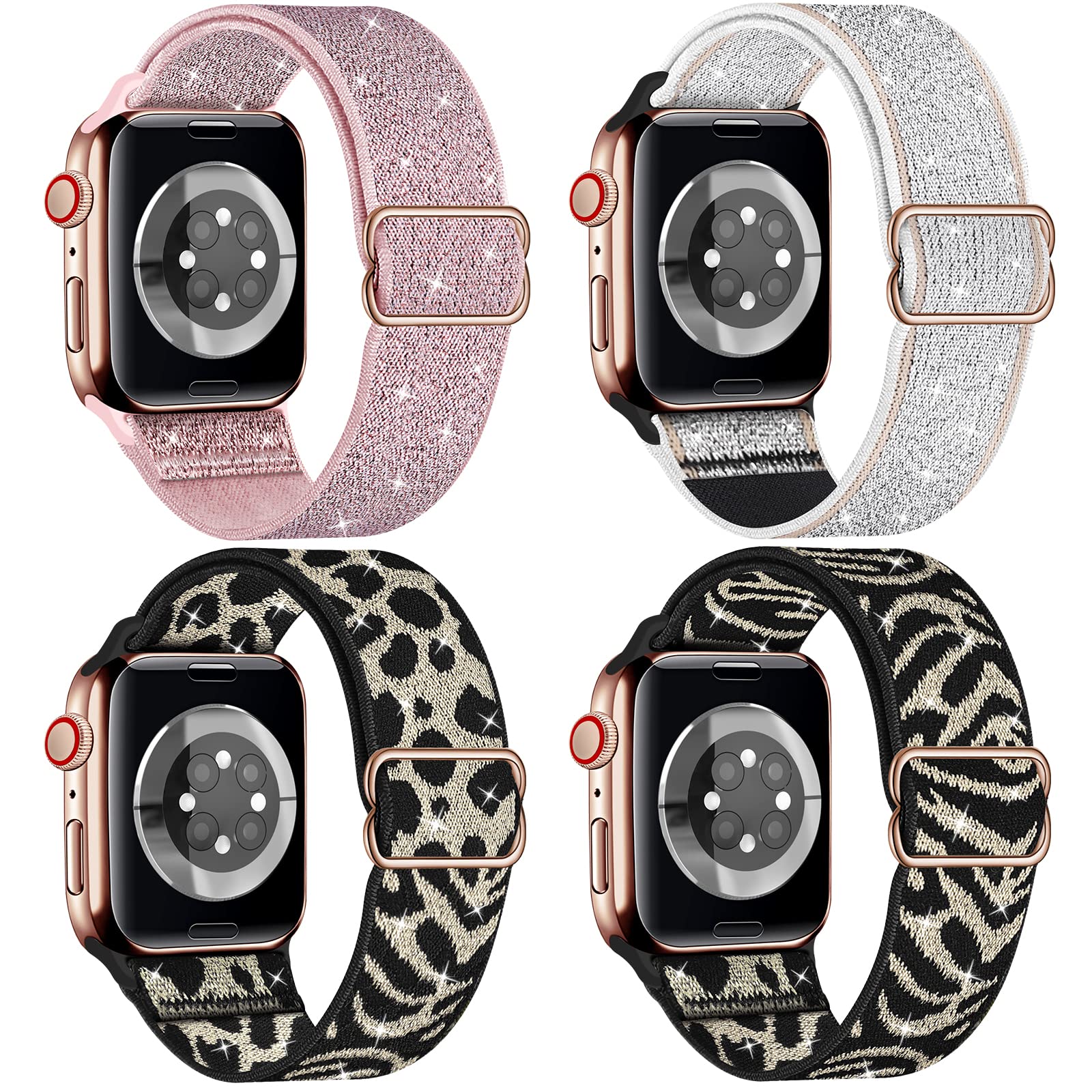 4 Pack Bling Stretchy Nylon Solo Loop Bands - Compatible with Apple Watch 38mm 40mm 41mm 42mm 44mm 45mm - Adjustable Shiny Braided Sport Strap for iWatch Series 8/7/6/5/4/3/2/1/SE - Perfect for Workouts, Running & Everyday Wear