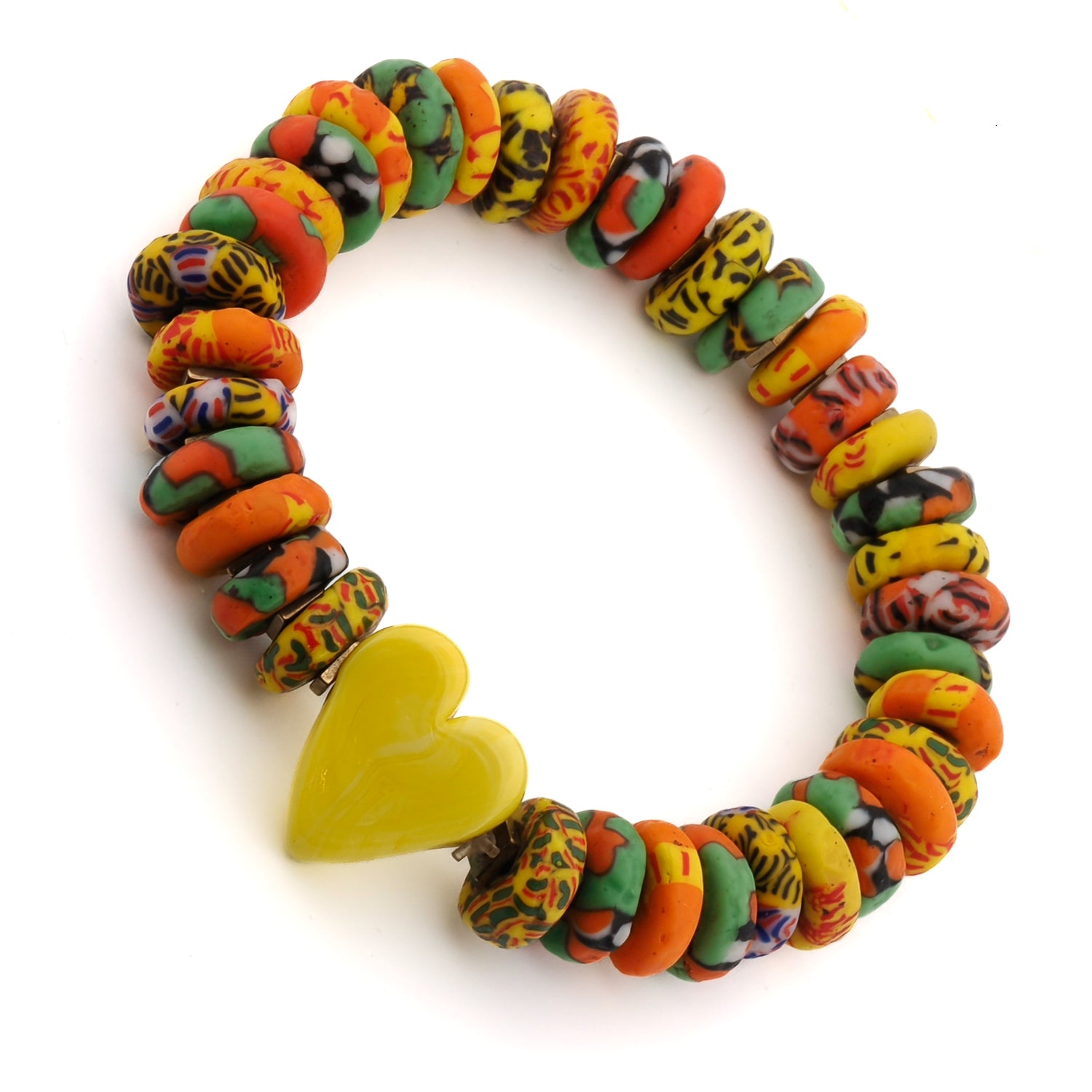 Murano Yellow Heart & African Colorful Beaded Summer Bracelet - Handmade Bohemian Jewelry for Women, Beach Vacation Accessories, Festival Fashion Statement