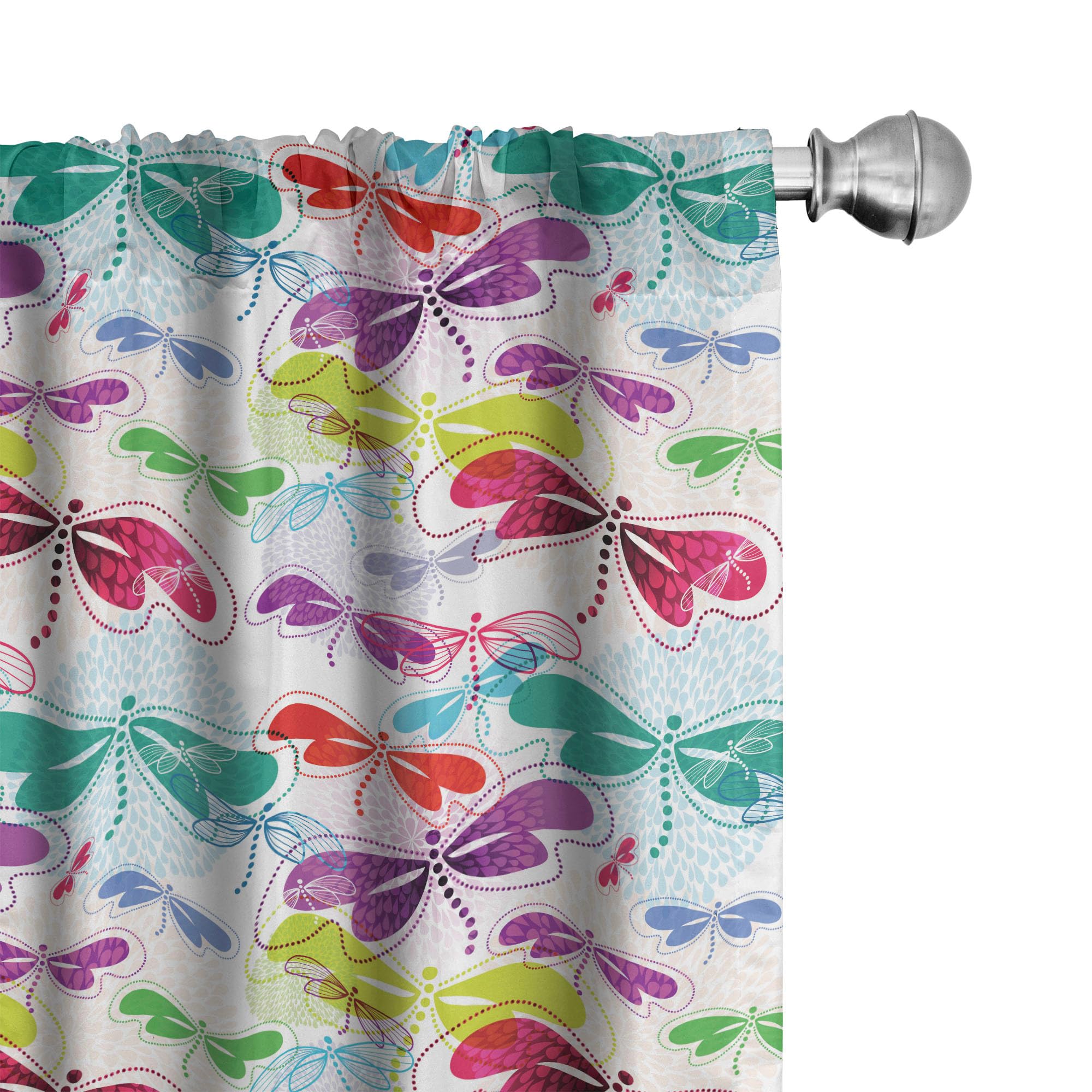 Ambesonne Dragonfly Window Curtains - Modern Dragonfly & Floral Pattern Hydrangea Petals Design, Vibrant Pink & Green Color, Lightweight 2-Panel Set with Rod Pocket (28
