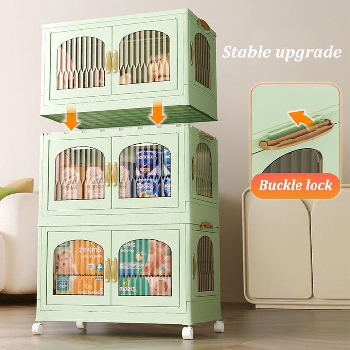 75 Gallon Stackable Storage Bins with Lids, Wheels & Magnetic Doors - Foldable Open Front Cabinet Organizer for Home, Pantry, Garage & Office (Beige, 111x40.5x63.5cm) - Perfect for Closet Organization, Toy Storage & Seasonal Decor