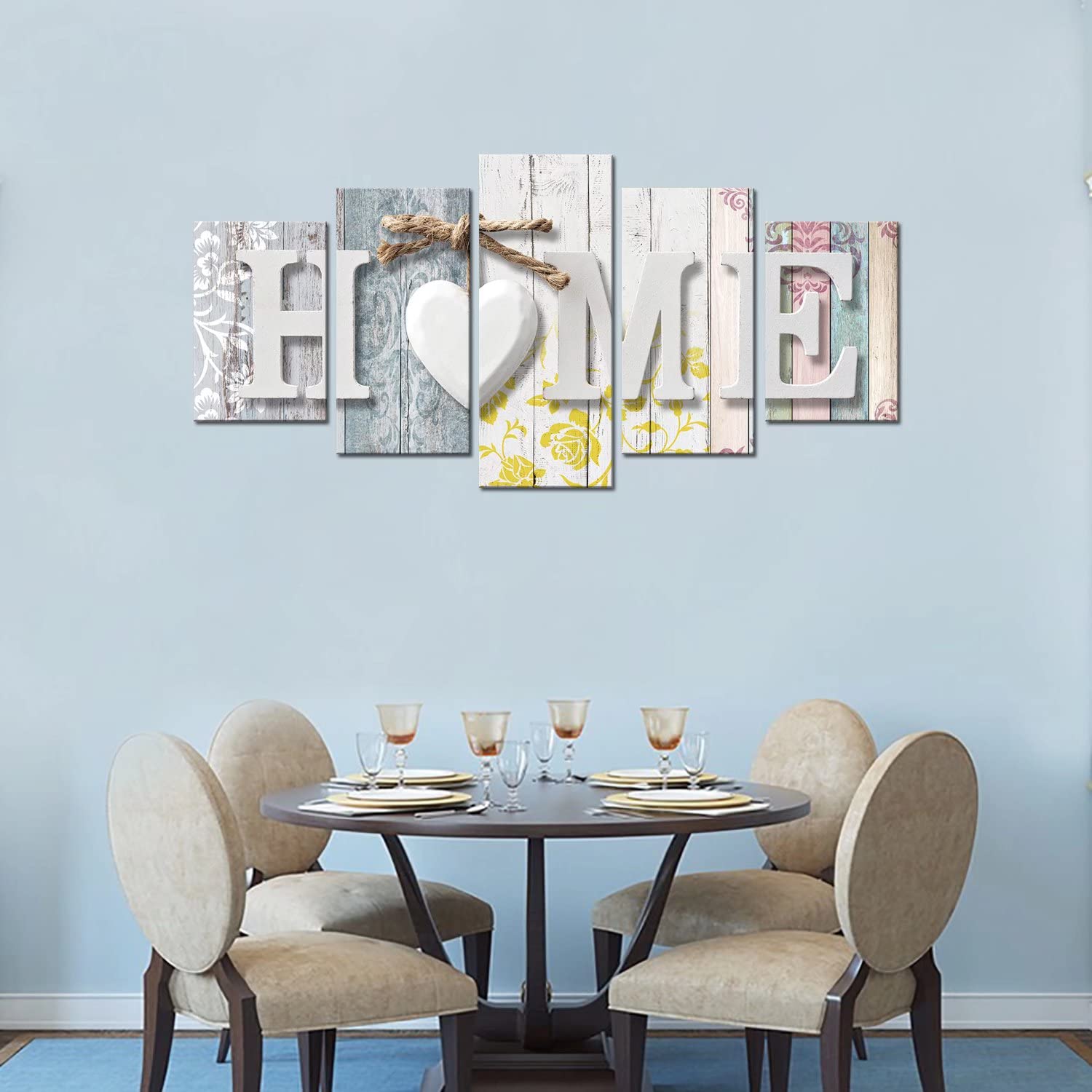 Abstract Love Wall Art Canvas Painting - Yellow & White 5 Panels for Living Room Decor | Rustic Home Artwork with Flowers | 80