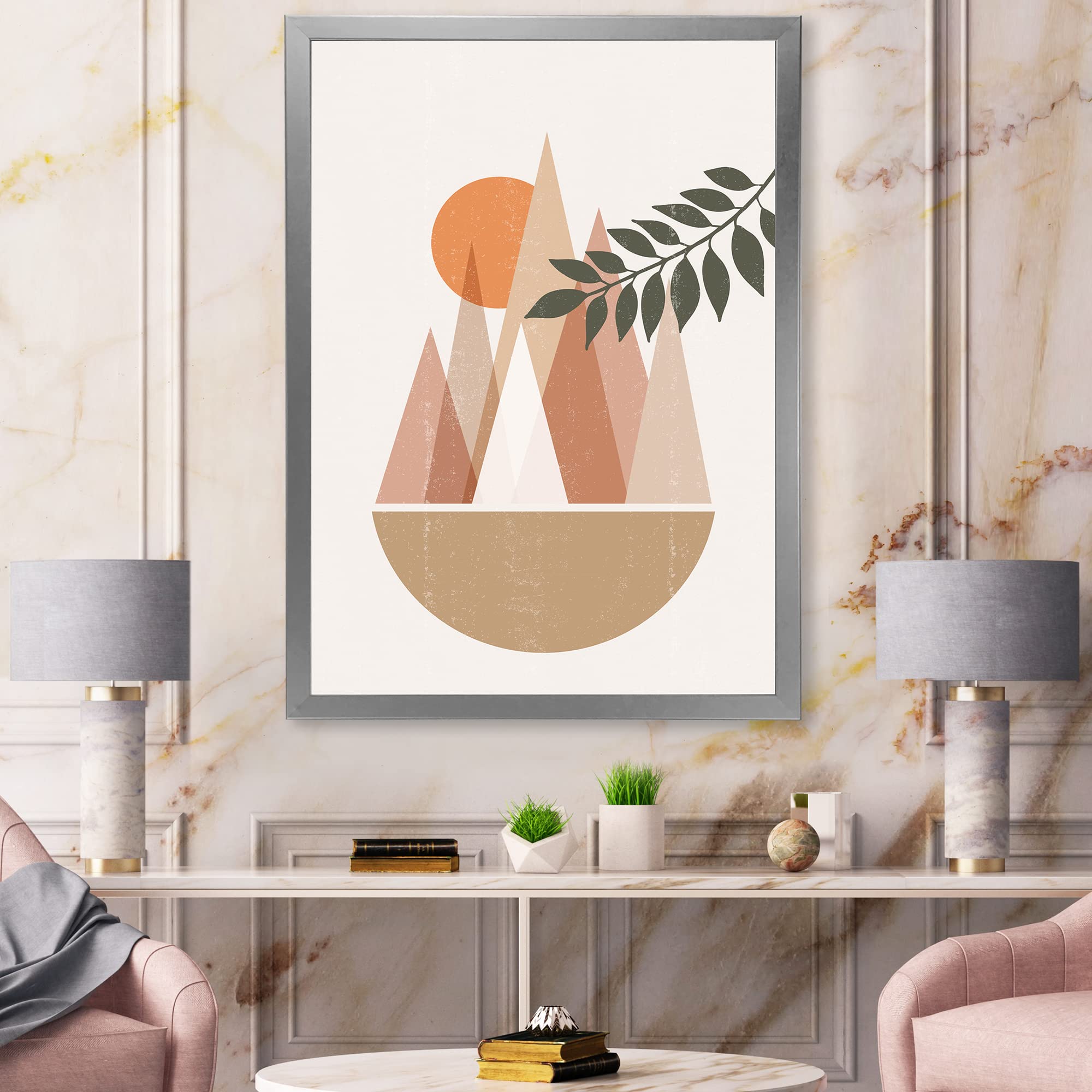 Abstract Sun and Moon Mountain Landscape Painting - Modern Framed Wall Art Decor for Living Room, Bedroom & Office